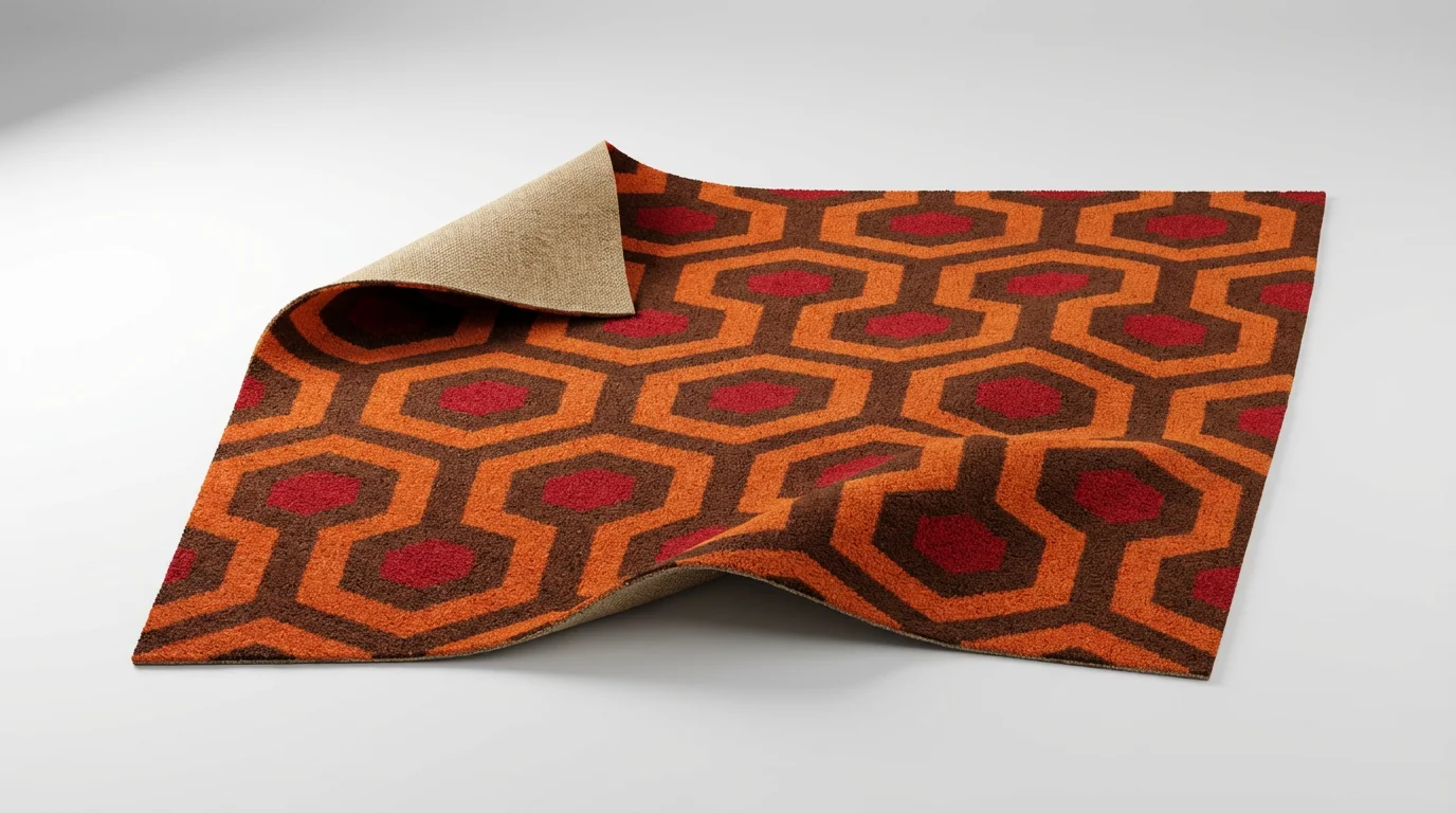 A photorealistic mockup of the Overlook Hotel carpet, featuring its famous orange, red, and brown geometric pattern, isolated on a clean white background with one corner rolled back to show texture.