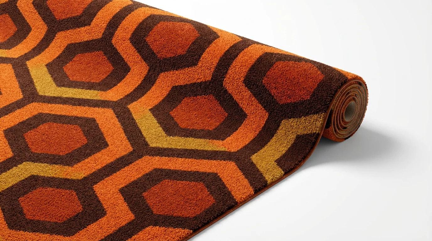 A photorealistic mockup of a roll of carpet with the iconic hexagonal pattern from the Overlook Hotel, displayed against a stark white background.