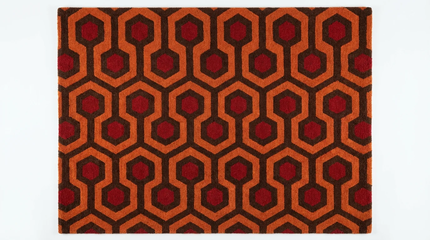 A photorealistic, top-down view of the iconic orange, red, and brown hexagonal carpet pattern from the Overlook Hotel, presented as a high-quality texture sample.