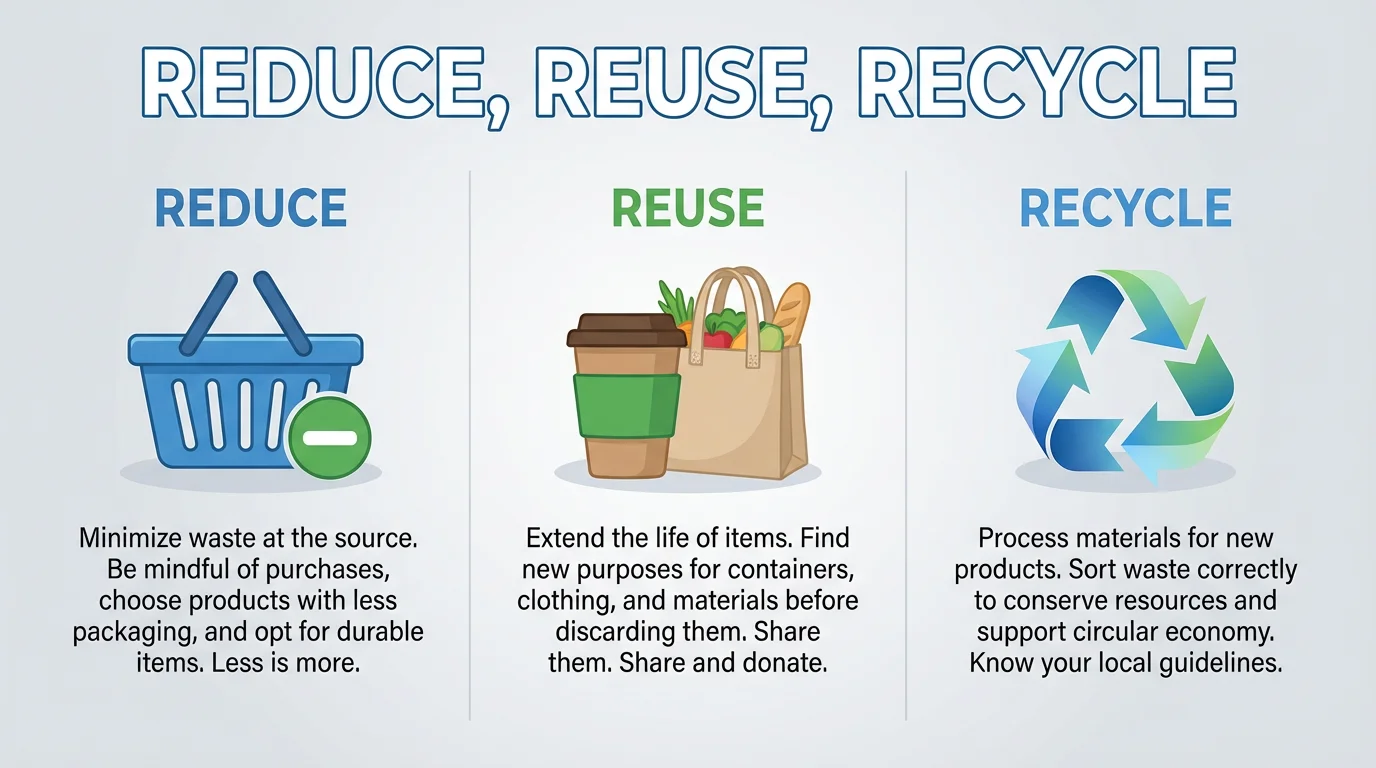 A professionally designed poster with the title 'Reduce, Reuse, Recycle' featuring three columns with modern icons and text for each of the three environmental actions.