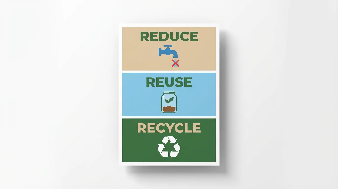 A modern, eco-friendly poster mockup with three sections for 'Reduce', 'Reuse', and 'Recycle', each with a corresponding graphic icon, displayed on a clean white background.