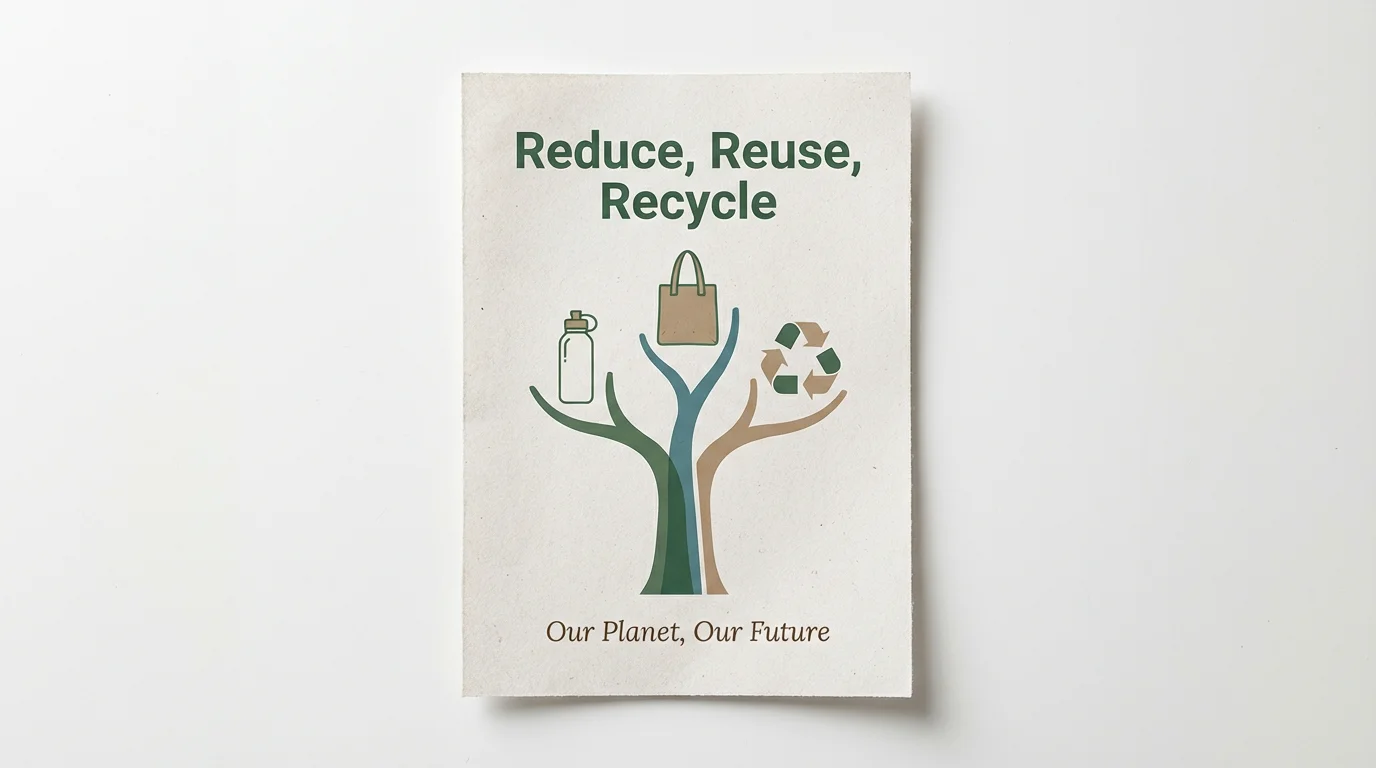 A modern environmental poster with the title 'Reduce, Reuse, Recycle' and a tagline 'Our Planet, Our Future'. The poster features a stylized tree with icons representing the three R's, displayed as a mockup on a white background.