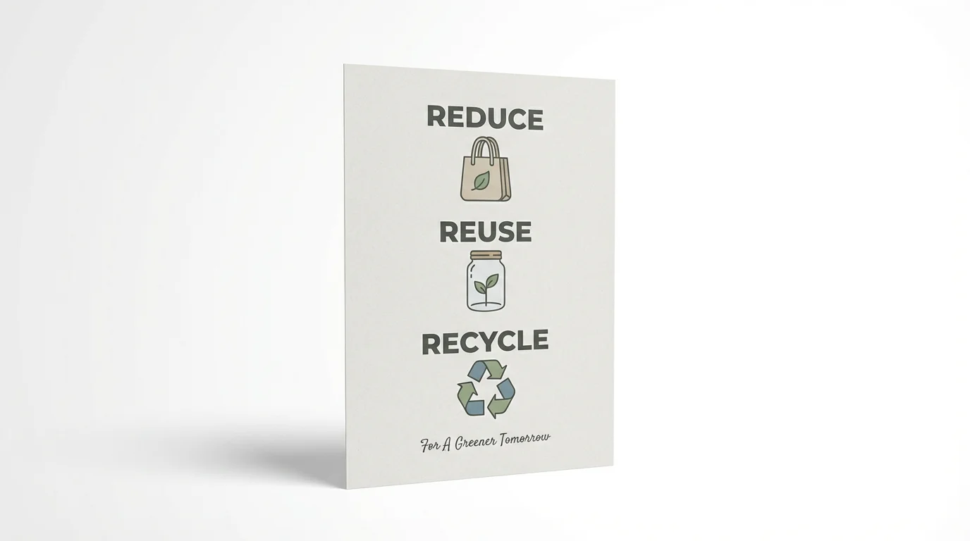A mockup of a modern 'Reduce, Reuse, Recycle' poster on a white background. The poster features icons for a tote bag, a jar with a sprout, and the recycling symbol, all in earthy tones.