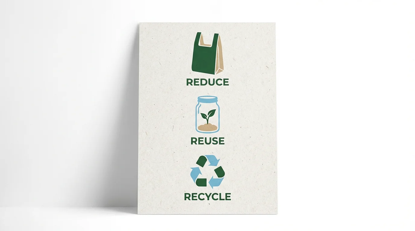 A mockup of a 'Reduce, Reuse, Recycle' poster against a white background. The poster has a clean, modern design with green, blue, and beige icons and text for each action.
