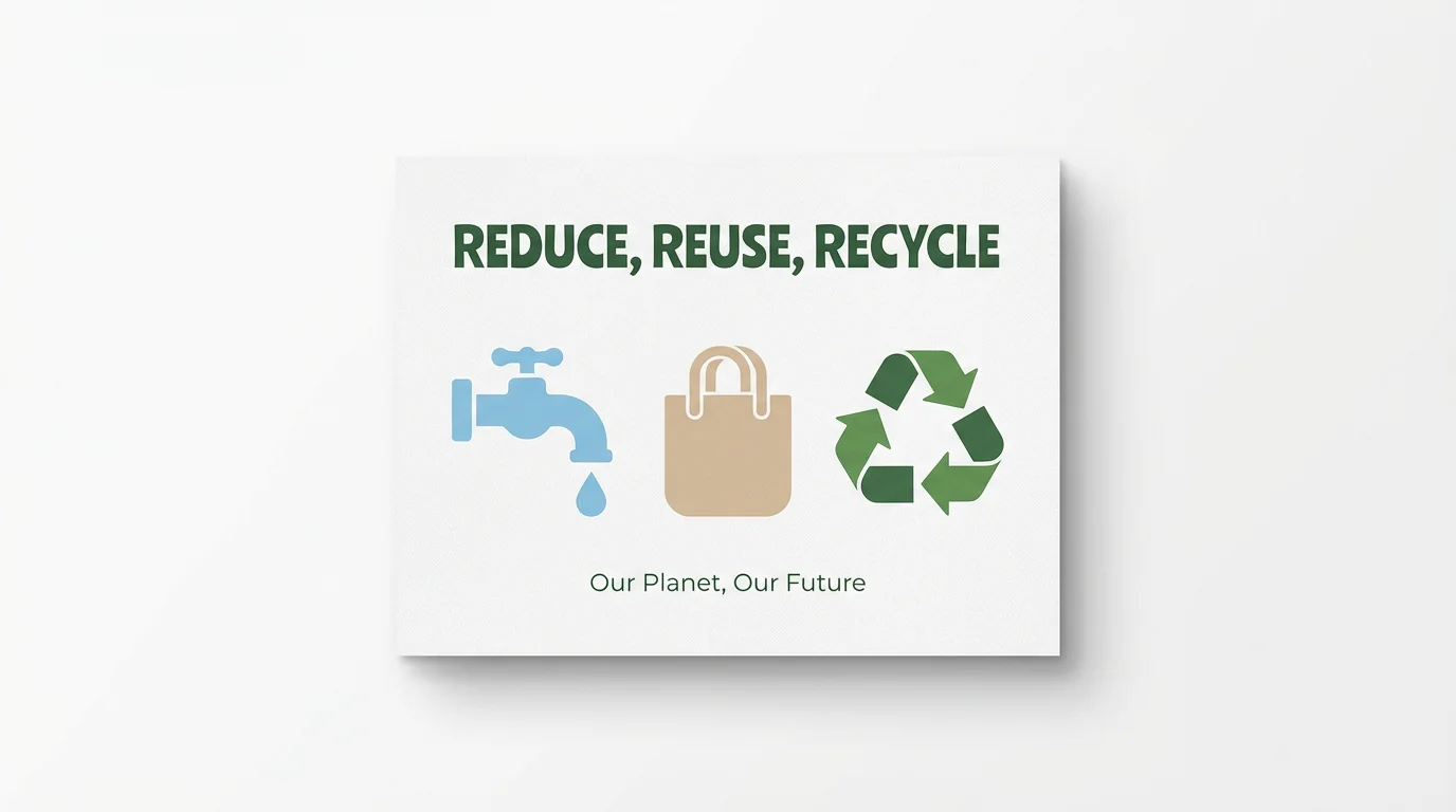A mockup of a modern 'Reduce, Reuse, Recycle' poster on a white background, featuring clean graphic icons for each action and the slogan 'Our Planet, Our Future'.