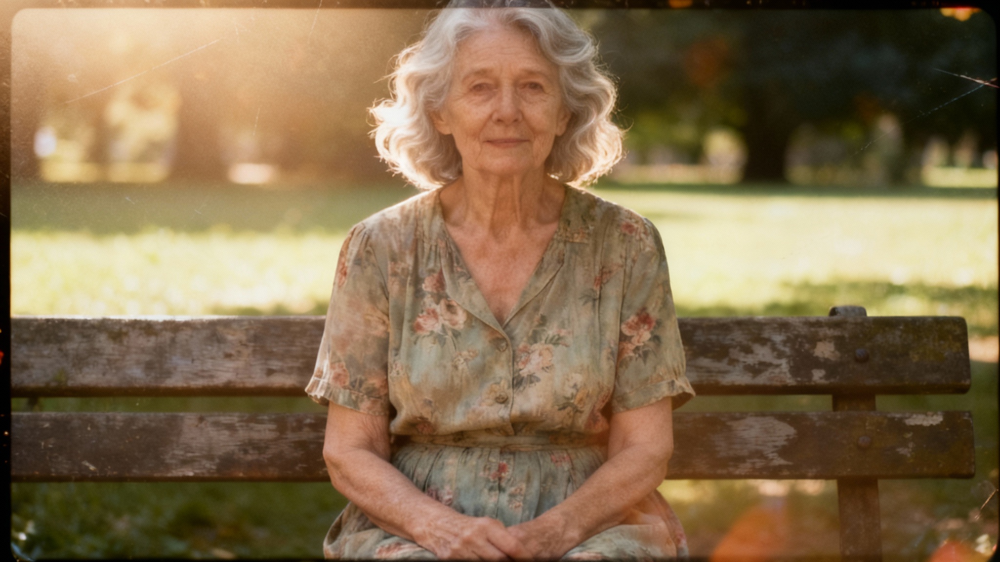 A finished, vintage-style photograph of an elderly woman on a park bench, enhanced with a dust and scratches overlay to give it a nostalgic, aged appearance.