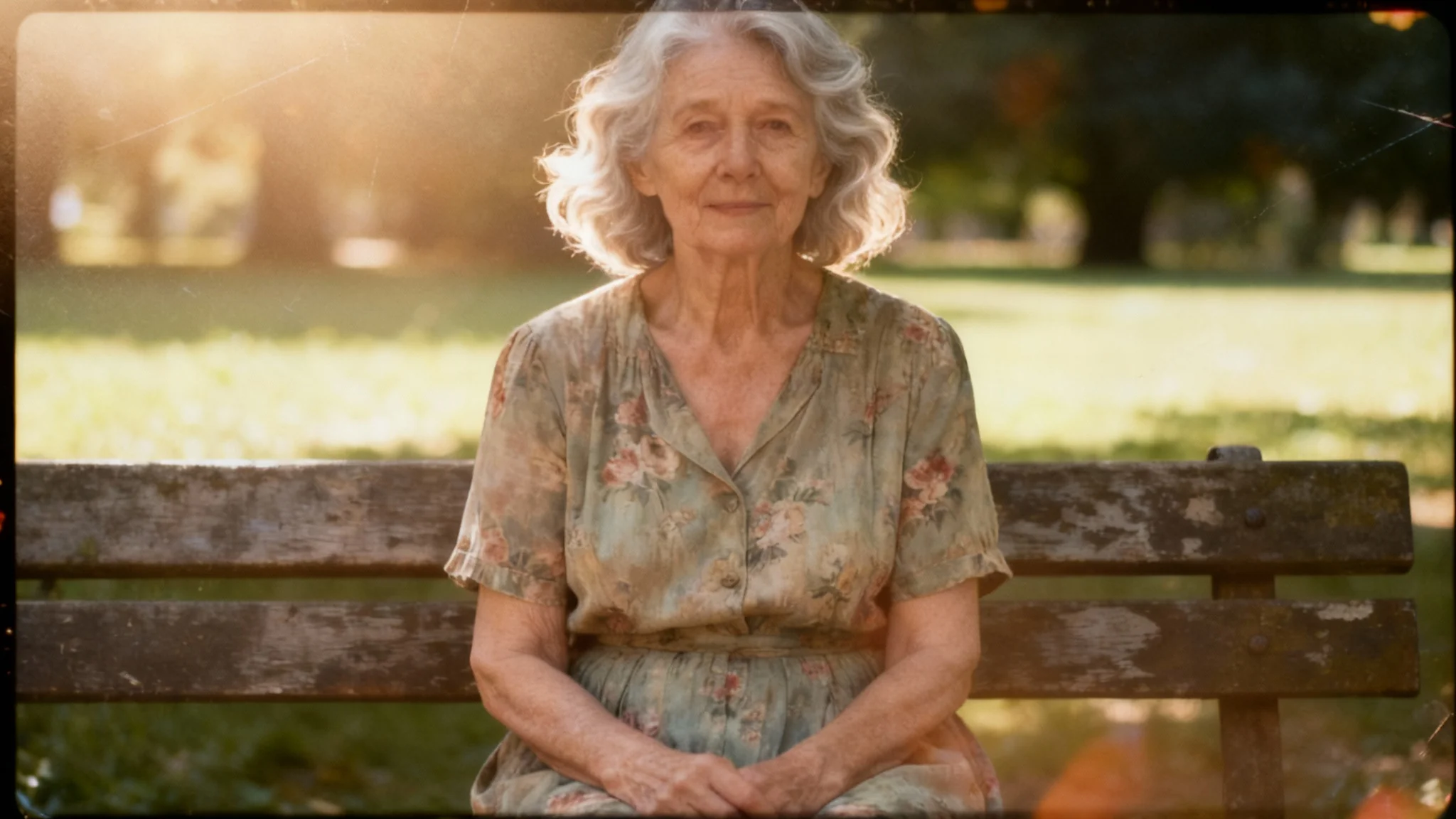 A finished, vintage-style photograph of an elderly woman on a park bench, enhanced with a dust and scratches overlay to give it a nostalgic, aged appearance.