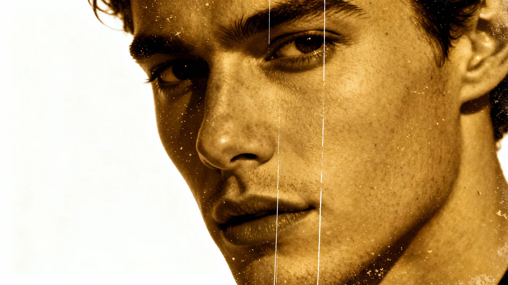 A close-up vintage-style portrait demonstrating a dust and scratches overlay effect, set against a plain white background.