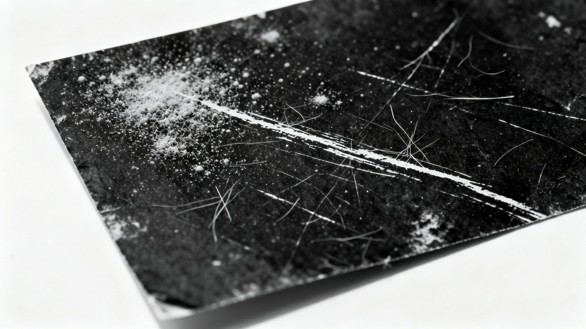 A close-up, detailed photograph of a black surface covered in a realistic dust and scratches overlay, set against a plain white background to emphasize the texture.