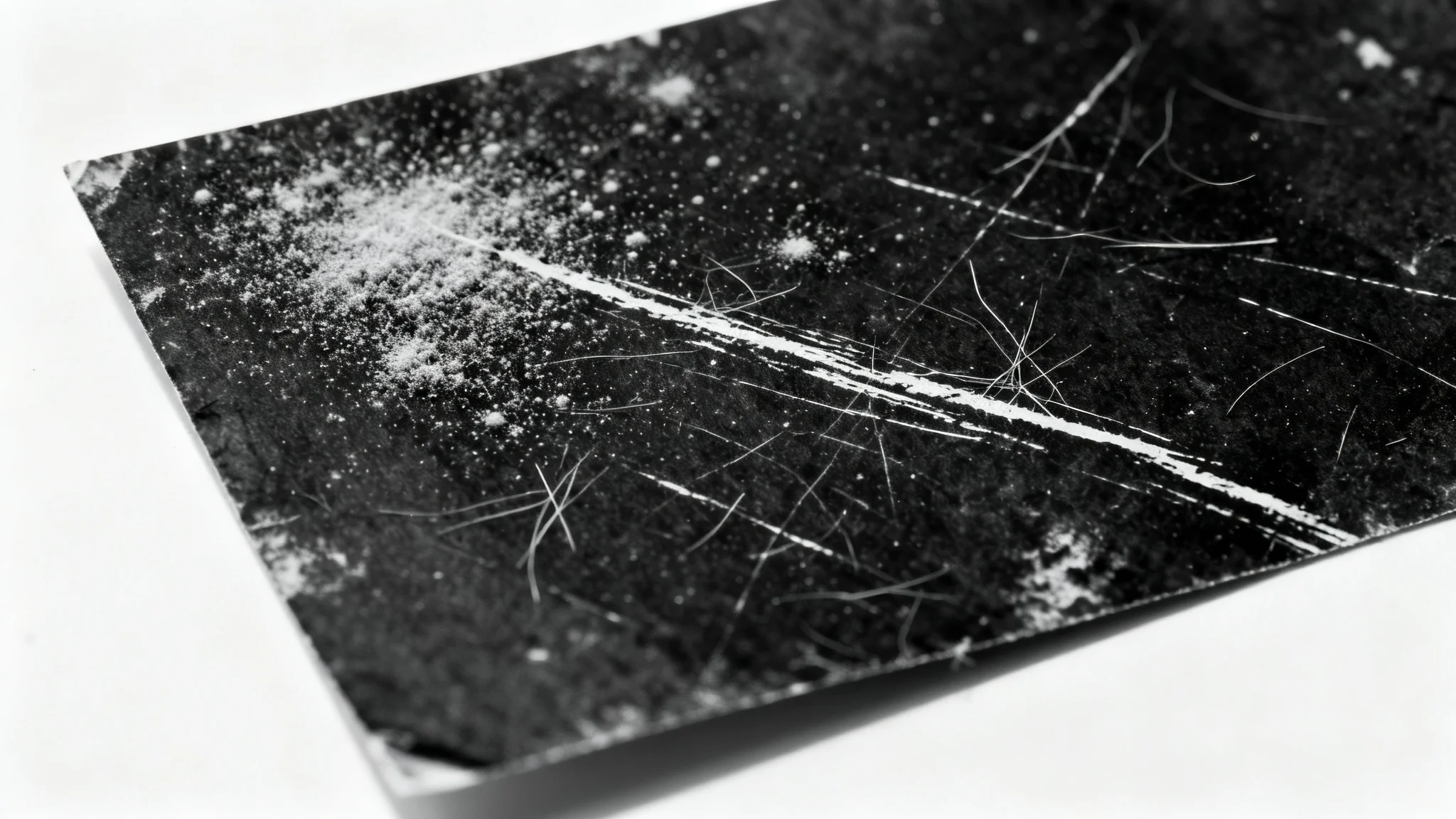 A close-up, detailed photograph of a black surface covered in a realistic dust and scratches overlay, set against a plain white background to emphasize the texture.