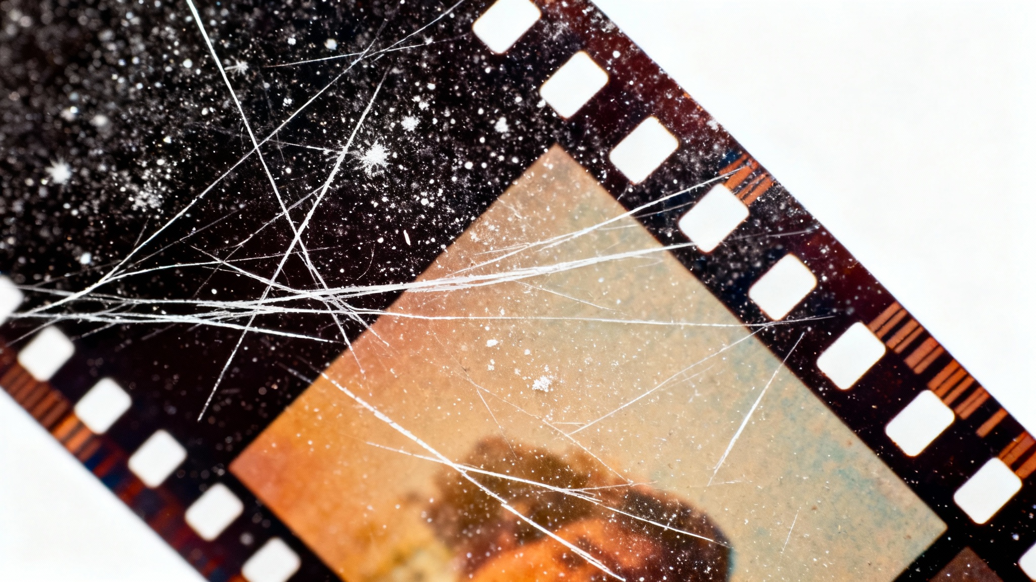 A close-up, detailed view of a vintage photograph's surface, showing a heavy texture of dust, scratches, and film grain as an overlay effect, set against a plain white background.