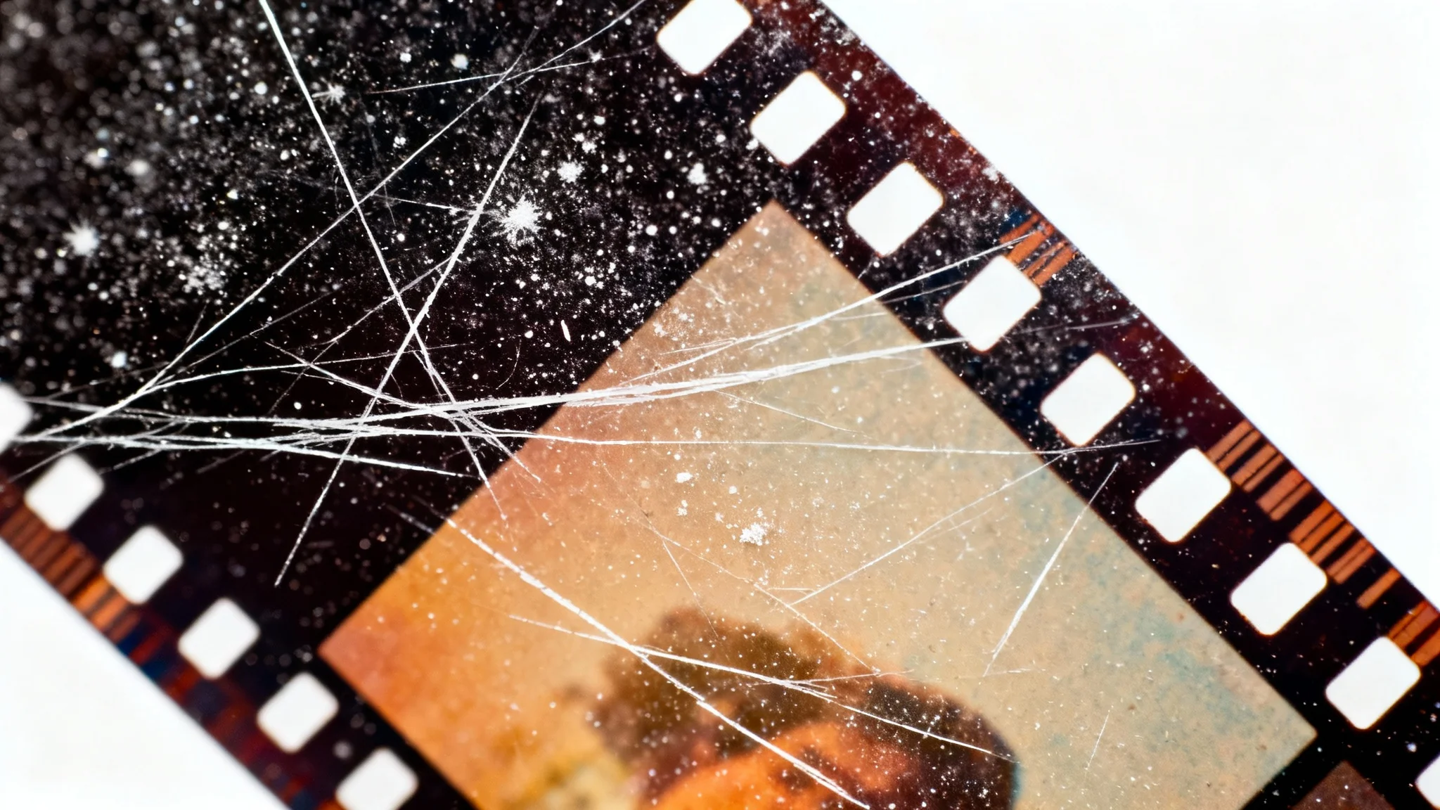 A close-up, detailed view of a vintage photograph's surface, showing a heavy texture of dust, scratches, and film grain as an overlay effect, set against a plain white background.