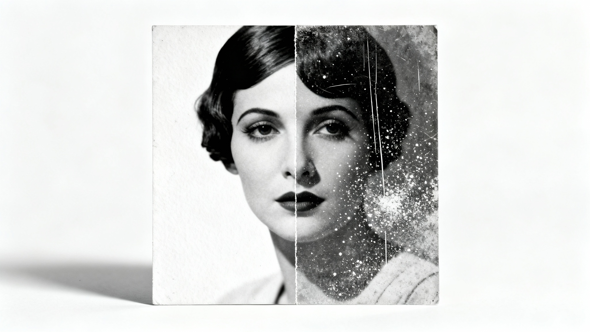 A vintage black and white portrait photo split in half, demonstrating a before-and-after effect. The left side is clean, while the right side is realistically aged with a dust and scratches overlay.