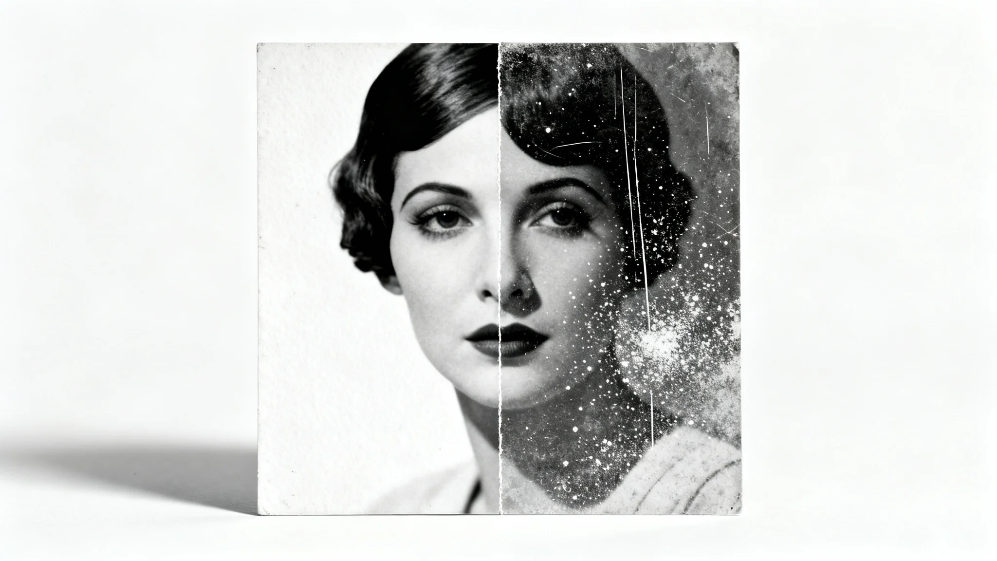 A vintage black and white portrait photo split in half, demonstrating a before-and-after effect. The left side is clean, while the right side is realistically aged with a dust and scratches overlay.