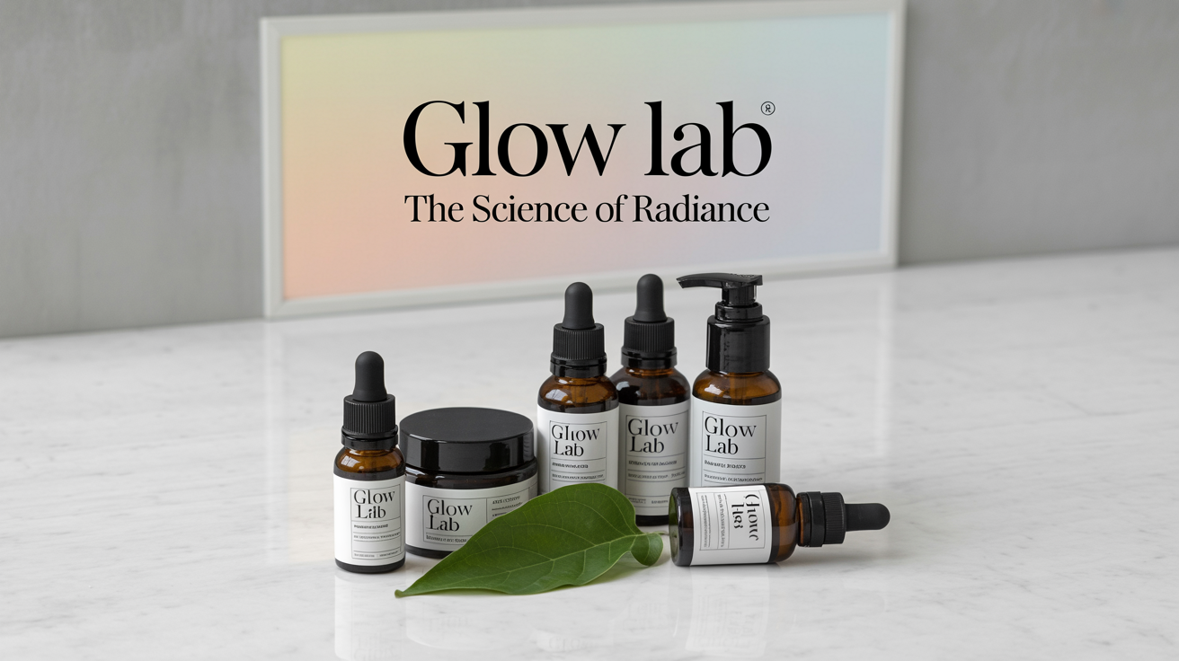 A polished Amazon storefront banner for a skincare brand called 'Glow Lab', showing professionally shot photos of their products and the tagline 'The Science of Radiance'.