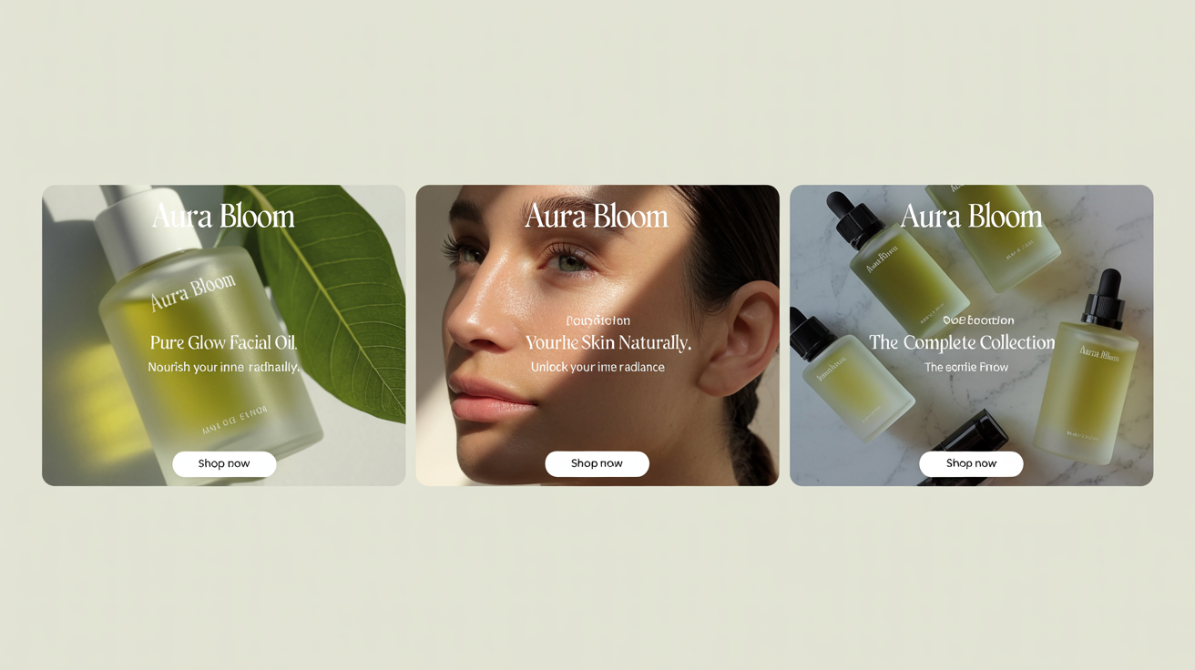 A mockup of three professionally designed Amazon storefront banners for a fictional luxury skincare brand called 'Aura Bloom', showcased against a white background.