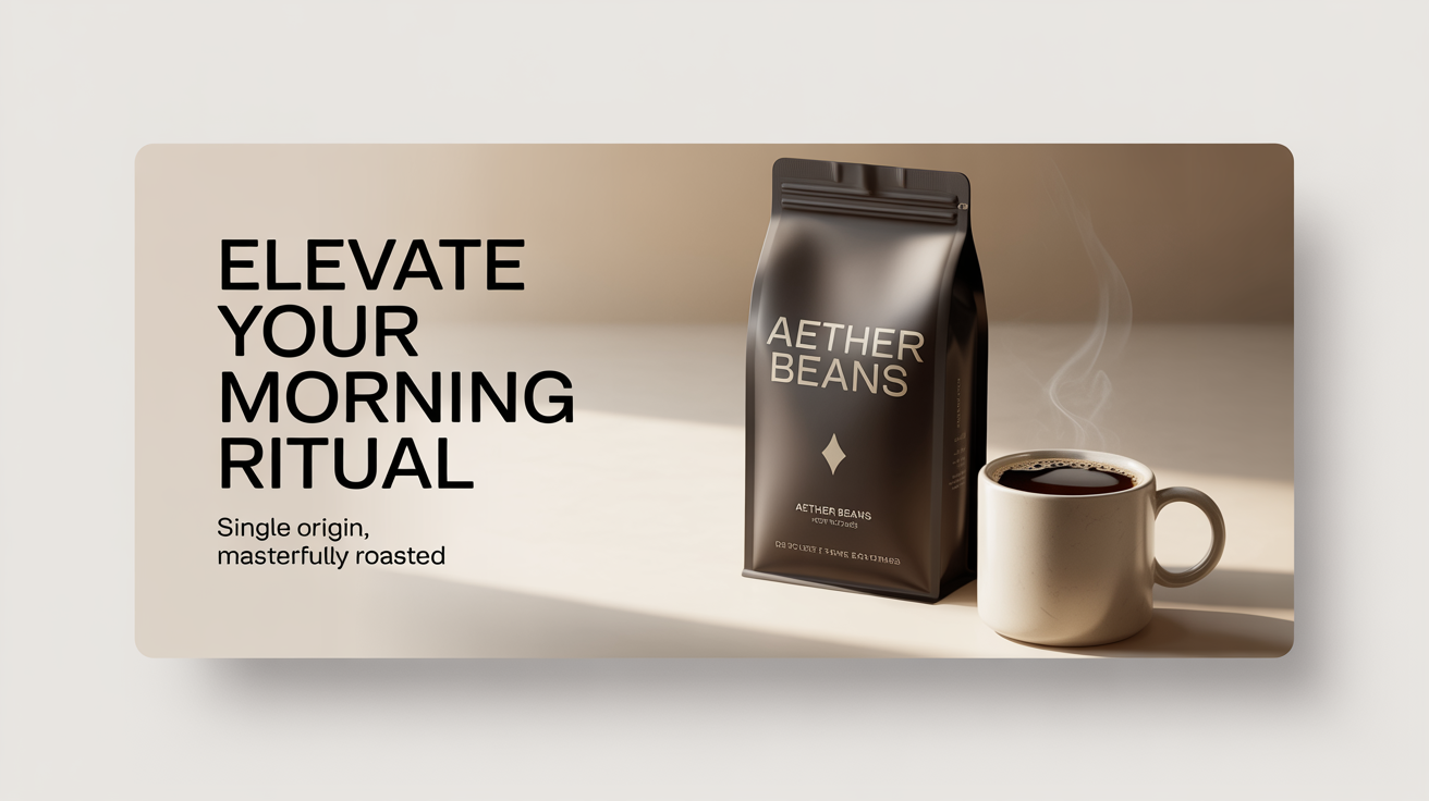 A mockup of an Amazon storefront banner for 'Aether Beans' coffee, showing a bag of coffee, a fresh cup, and the text 'Elevate Your Morning Ritual'.