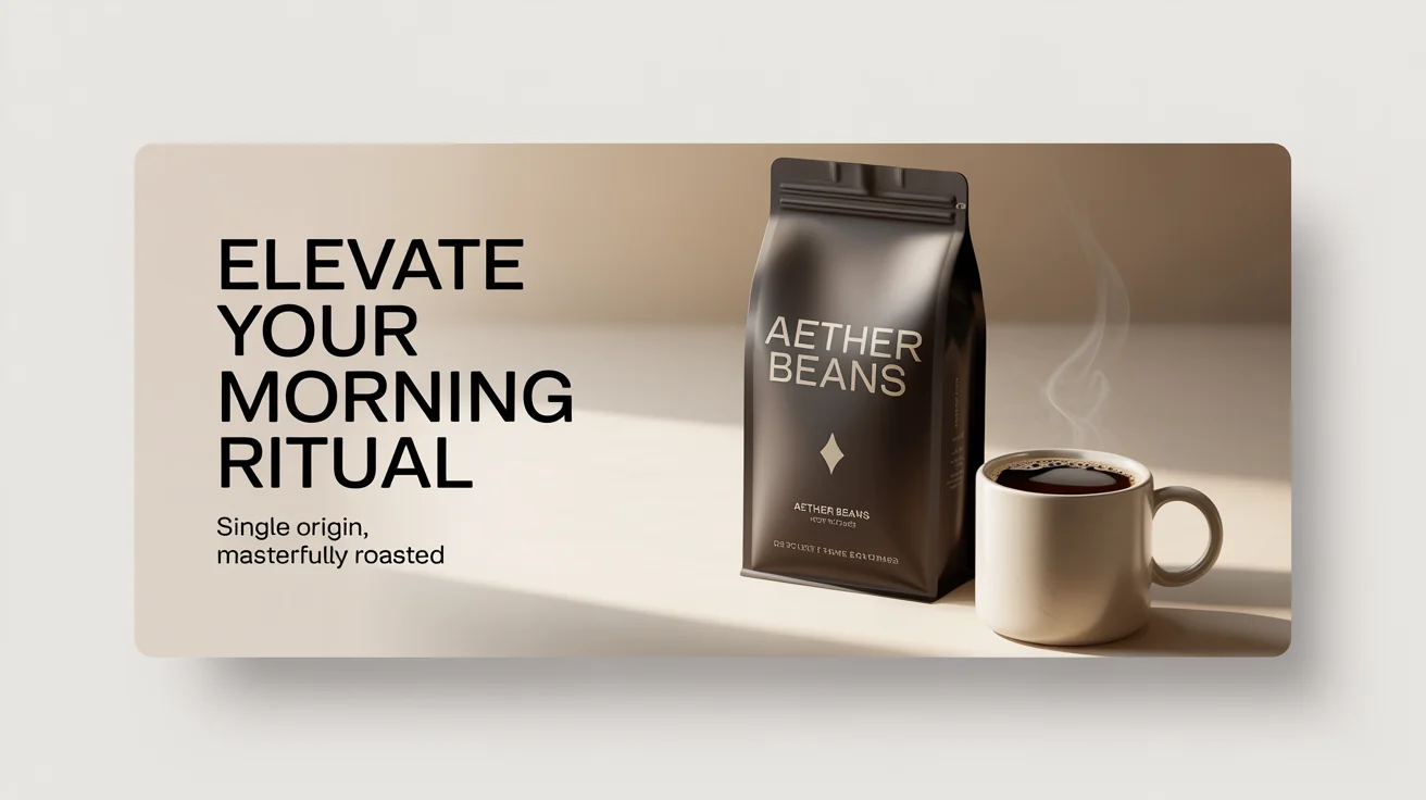 A mockup of an Amazon storefront banner for 'Aether Beans' coffee, showing a bag of coffee, a fresh cup, and the text 'Elevate Your Morning Ritual'.