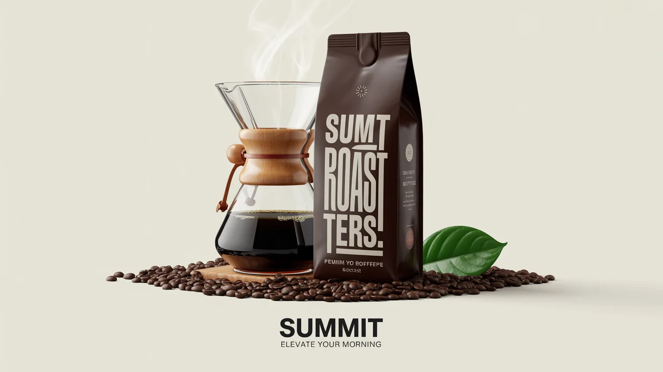 A professional Amazon storefront banner for a coffee brand called 'Summit Roasters', showing a bag of coffee, a Chemex brewer, and scattered coffee beans on a white background.