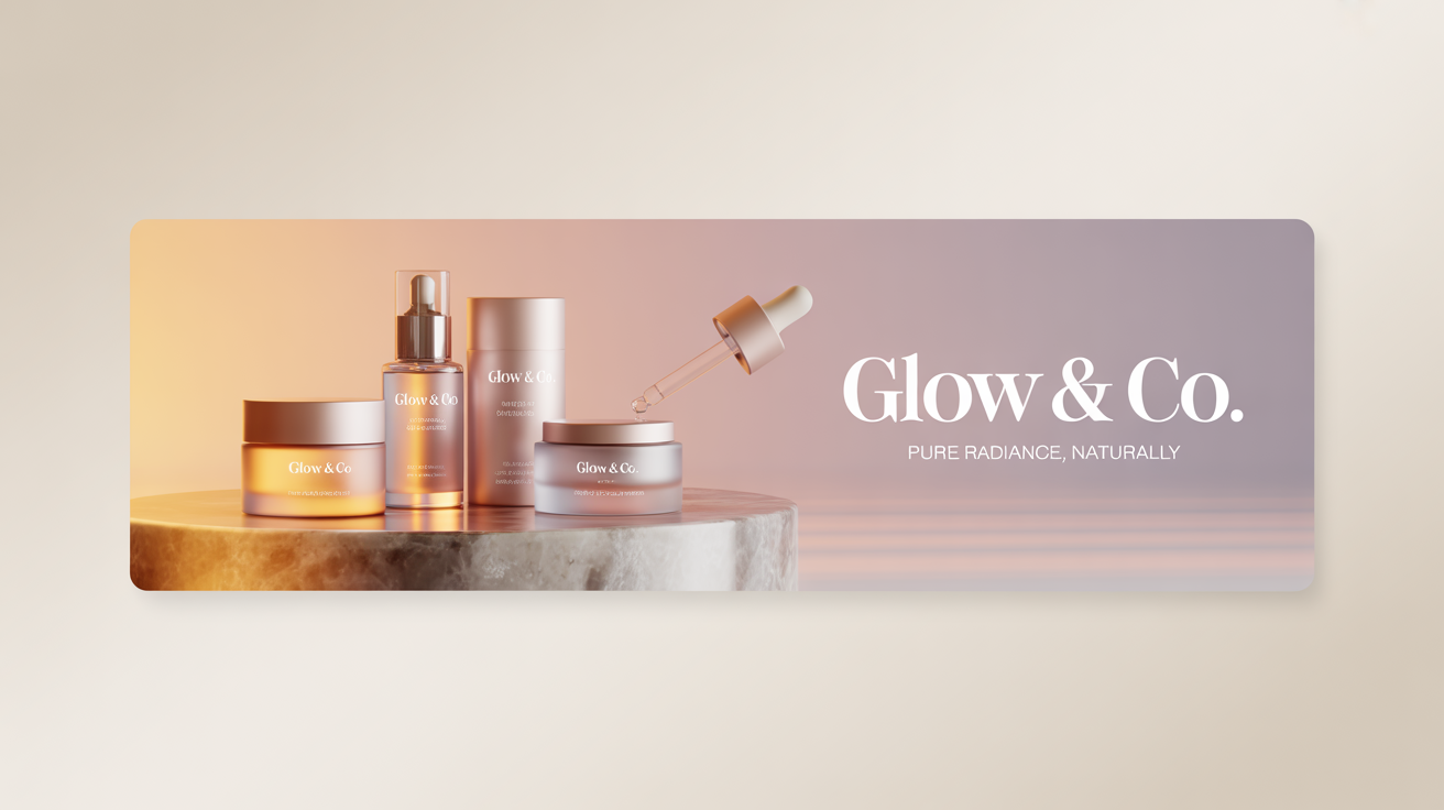 A mockup of an Amazon storefront banner for a skincare brand named 'Glow & Co.', showing cosmetic products on a pastel background.