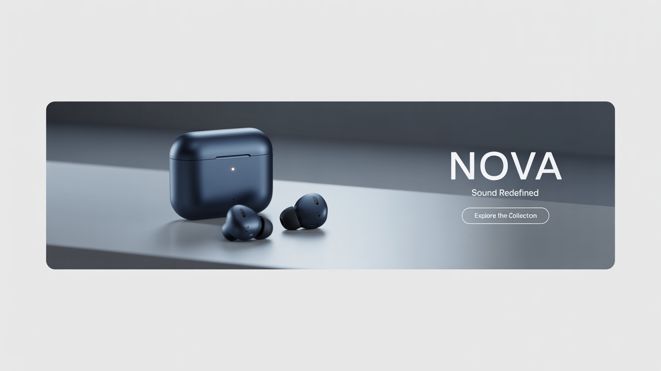 A mockup of a modern Amazon storefront banner for a fictional electronics brand named 'NOVA', featuring sleek wireless earbuds and the tagline 'Sound Redefined'.