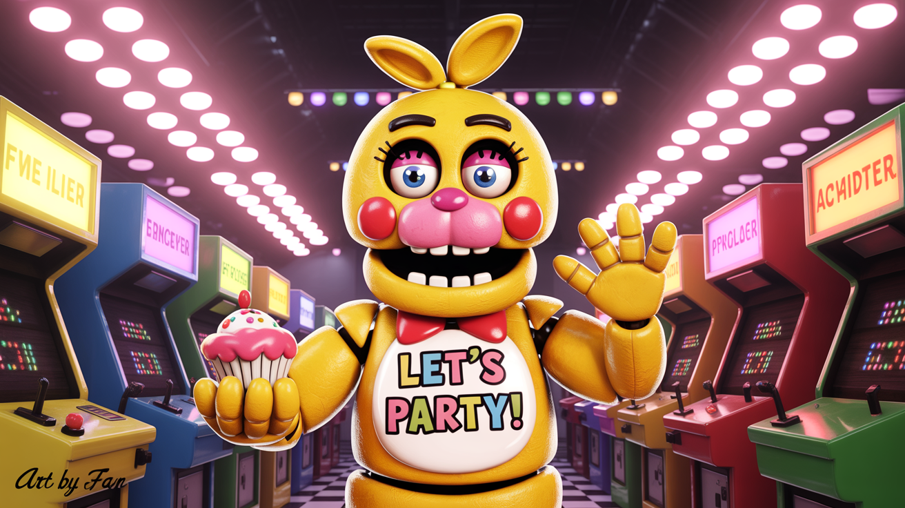 A polished digital painting of Toy Chica from Five Nights at Freddy's. She is in a neon-lit arcade, wearing a bib that says 'LET'S PARTY!' and holding a cupcake, showcasing a high-quality example of fan art.