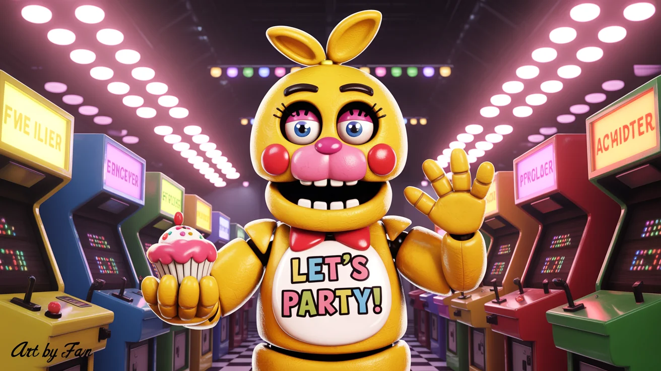 A polished digital painting of Toy Chica from Five Nights at Freddy's. She is in a neon-lit arcade, wearing a bib that says 'LET'S PARTY!' and holding a cupcake, showcasing a high-quality example of fan art.