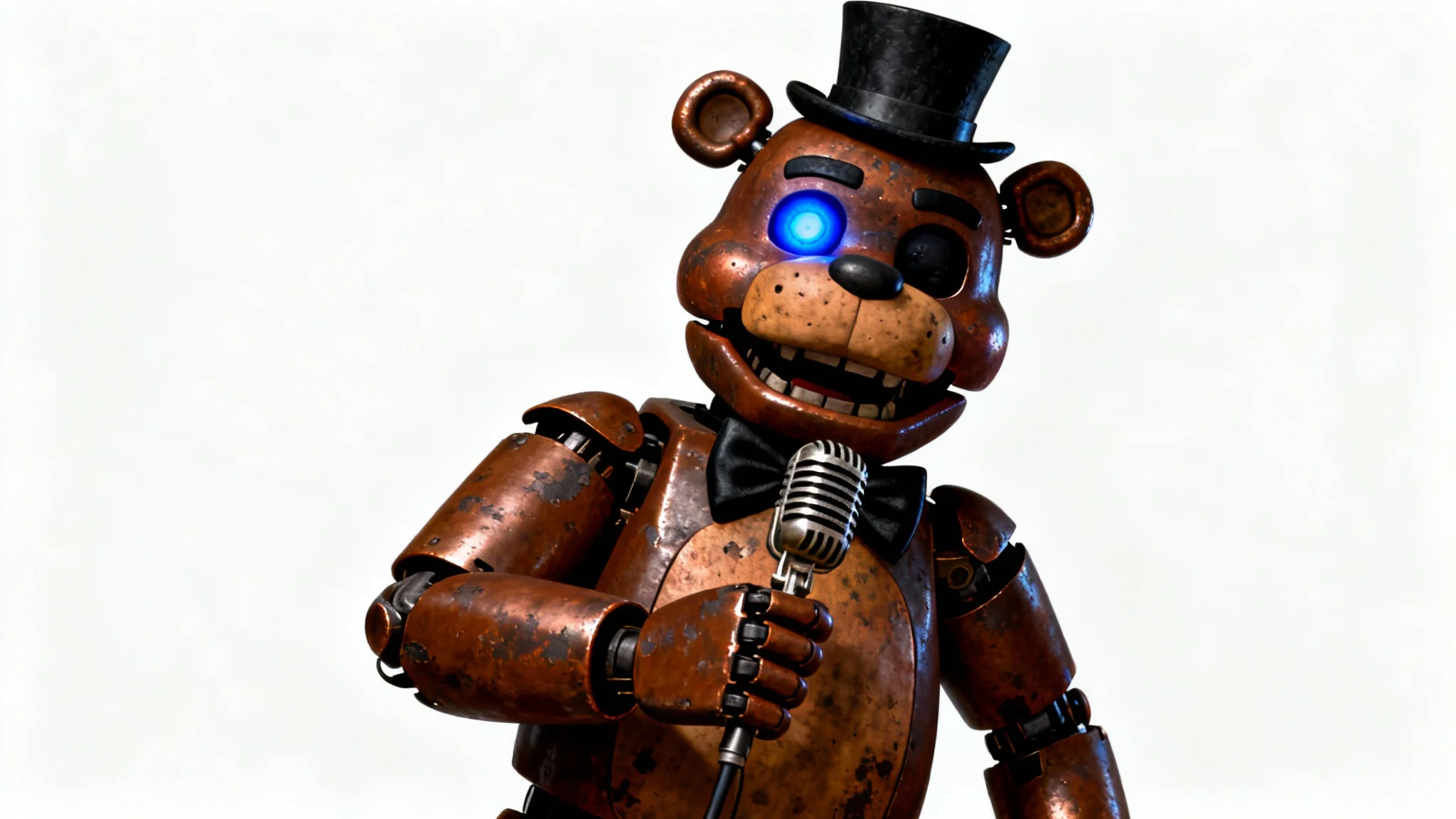 A detailed digital art piece of the animatronic bear from FNAF, Freddy Fazbear, looking menacingly forward with one glowing eye, set against a plain white background.