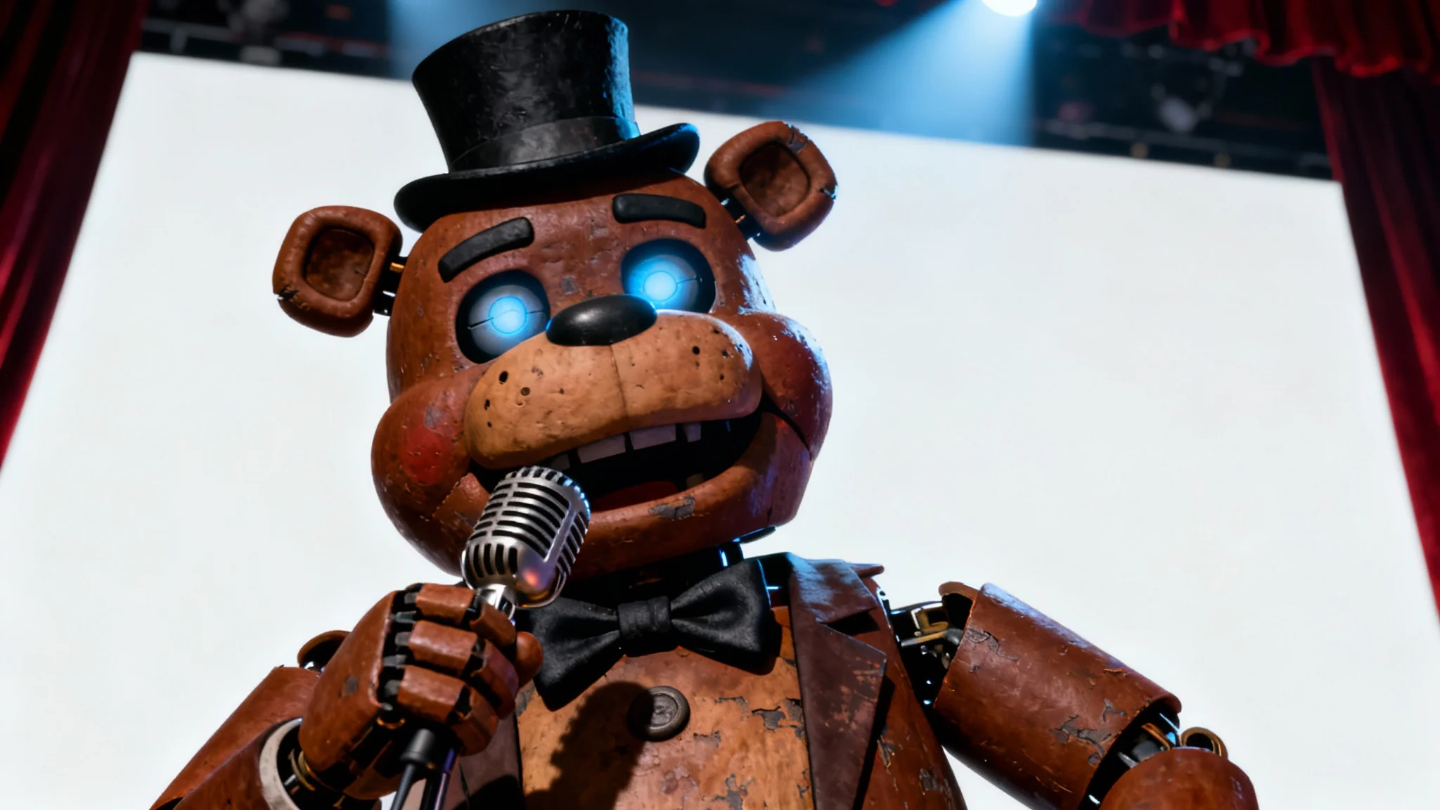 A digital art piece depicting the animatronic bear Freddy Fazbear from Five Nights at Freddy's, shown on a dark stage with glowing eyes, presented against a clean white background.
