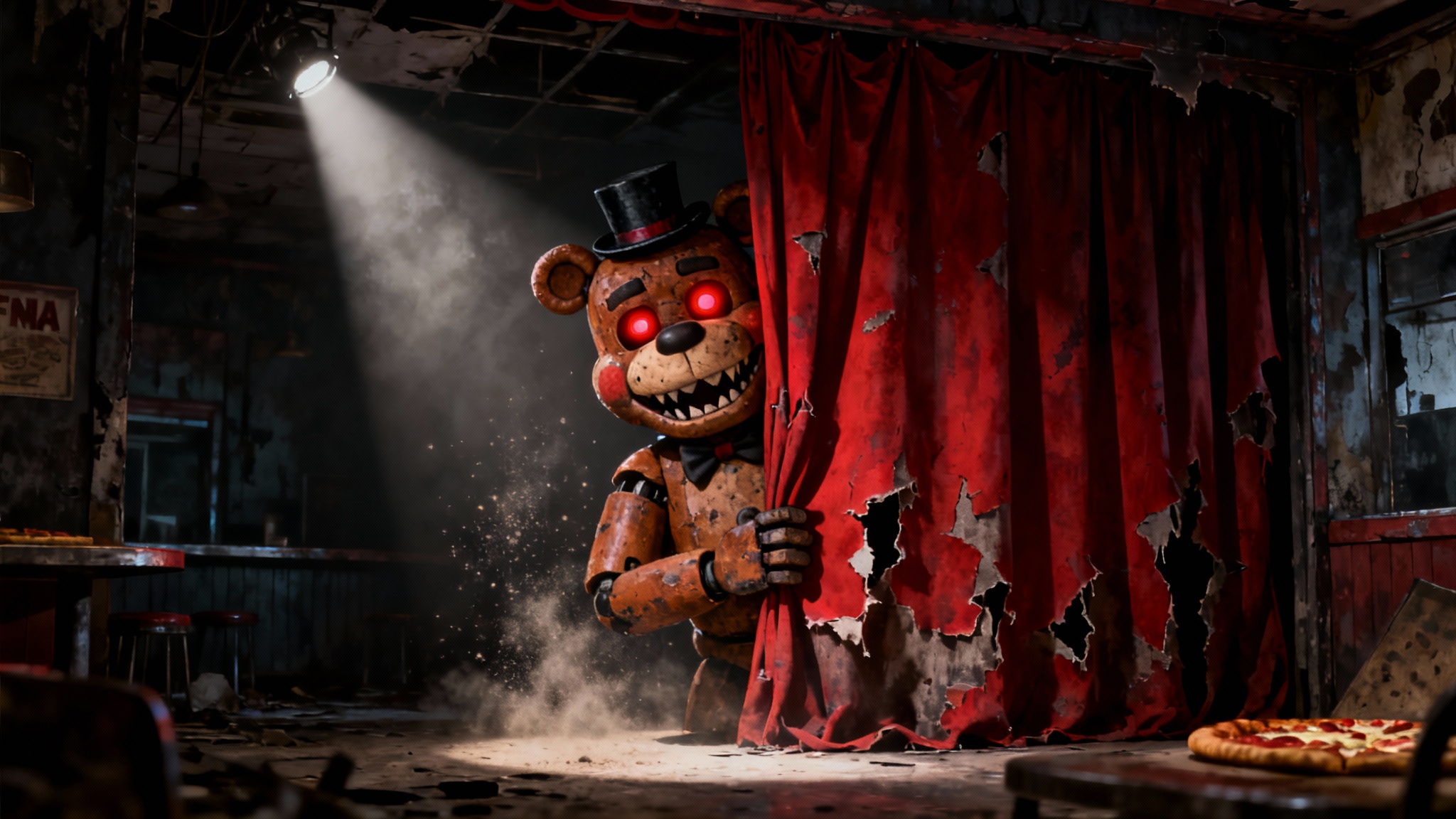 A spooky digital painting of an animatronic bear inspired by FNAF, peering menacingly from behind a red curtain against a white background.
