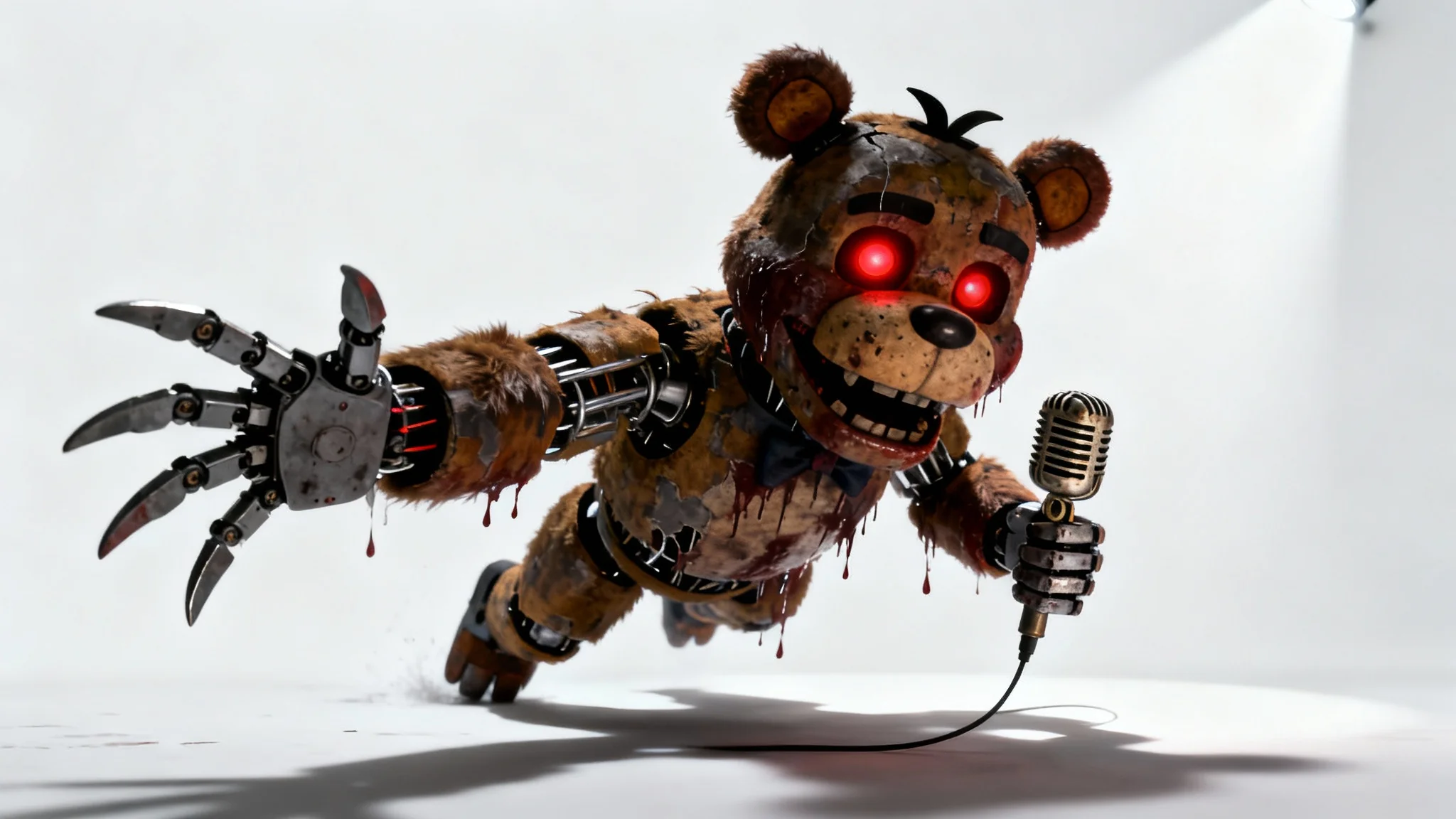 A terrifying digital painting of an animatronic bear inspired by Five Nights at Freddy's, lunging forward with glowing red eyes against a stark white background.