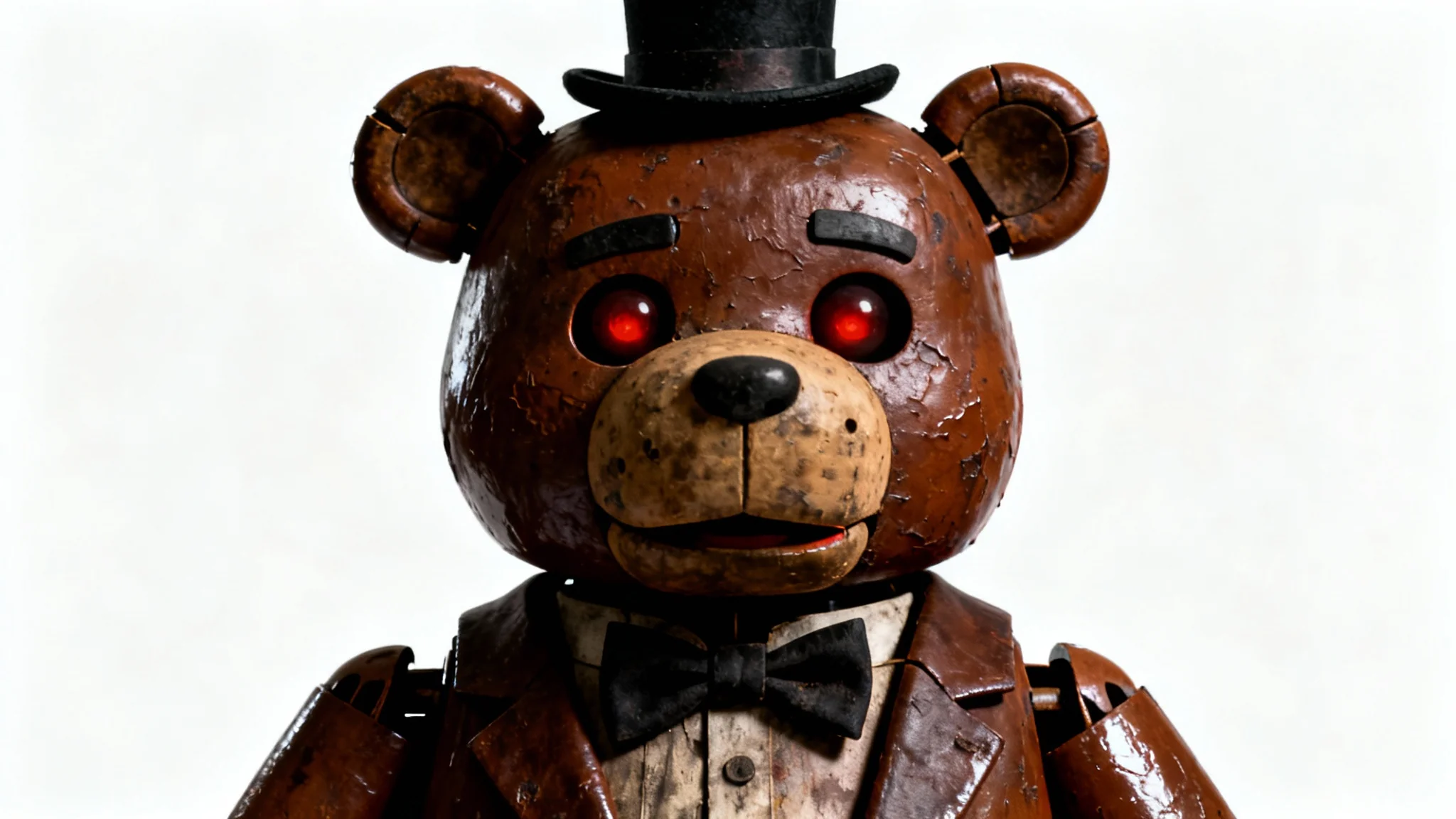 A creepy, hyper-realistic digital painting of a brown animatronic bear with a top hat and glowing red eyes, staring directly forward against a solid white background.