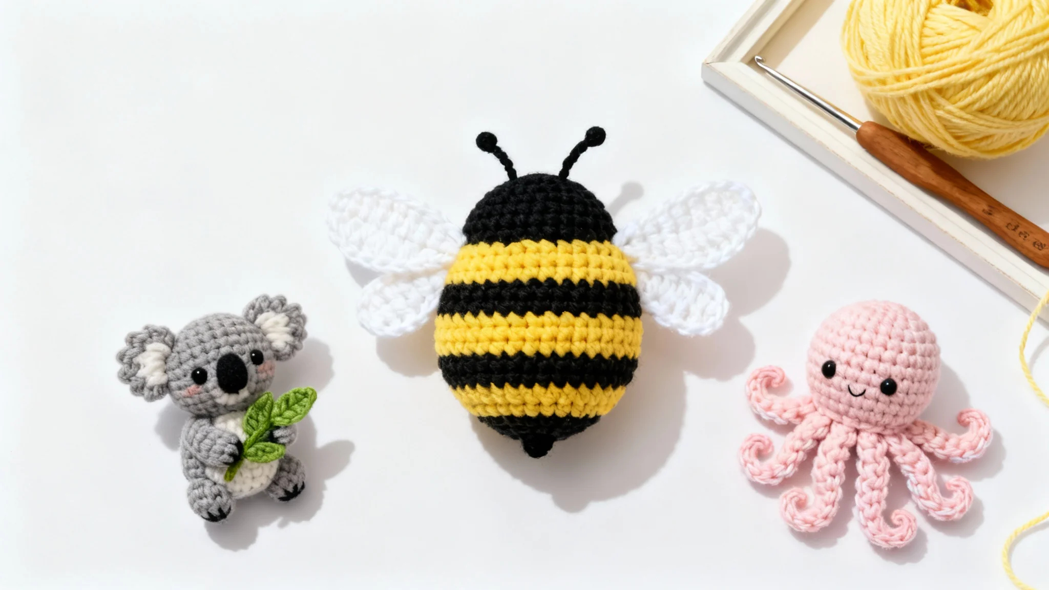 A flat lay image of several cute, handmade crochet animals, including a bee, a koala, and an octopus, displayed on a white background with a crochet hook and a ball of yarn.