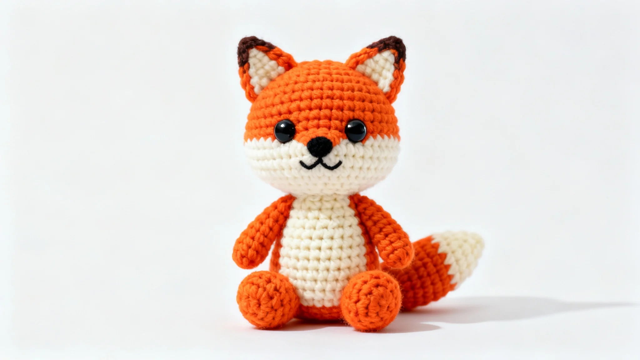 A photograph of a cute, small crocheted fox made with orange and white yarn, sitting against a plain white background.