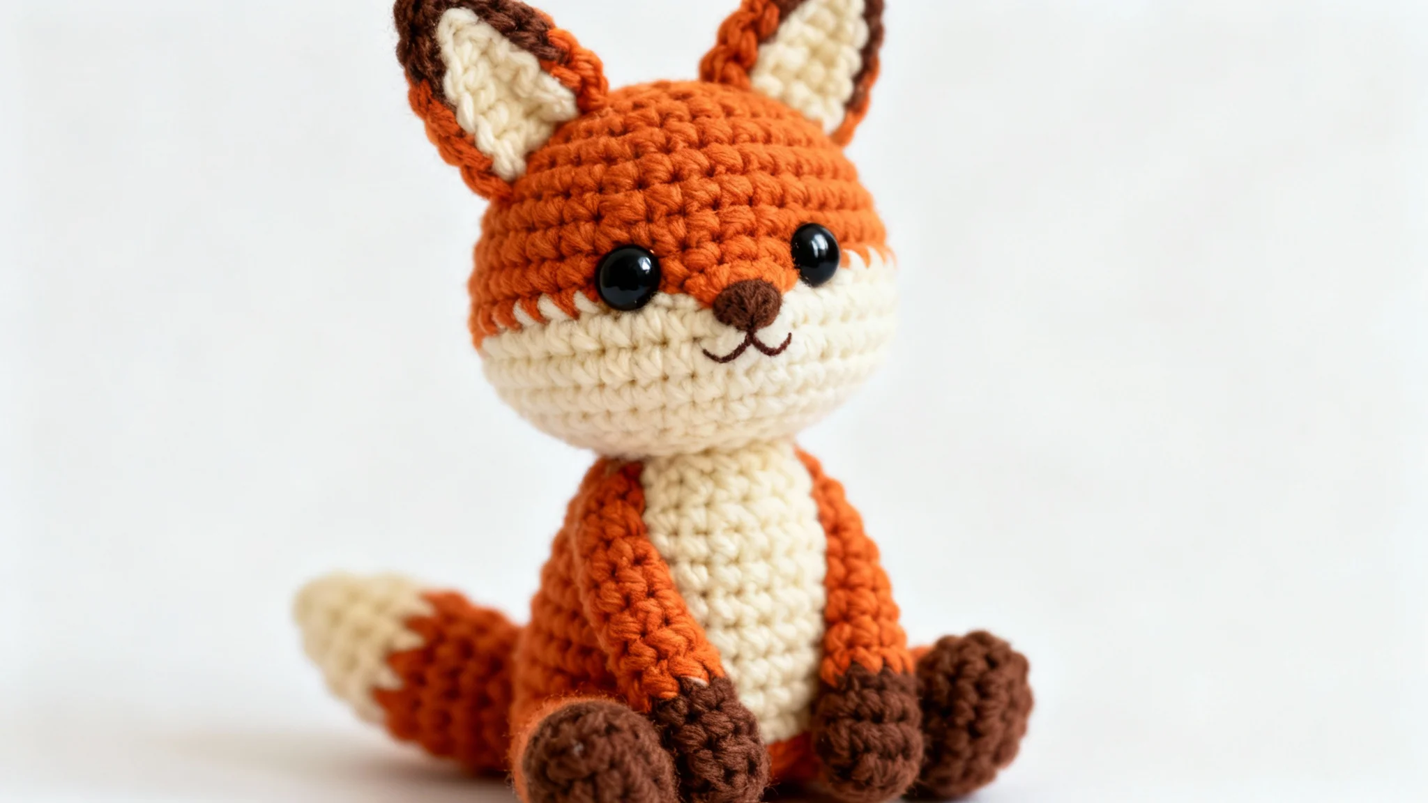 A close-up studio shot of a small, handcrafted crochet fox made with soft, orange and cream yarn, sitting against a solid white background.