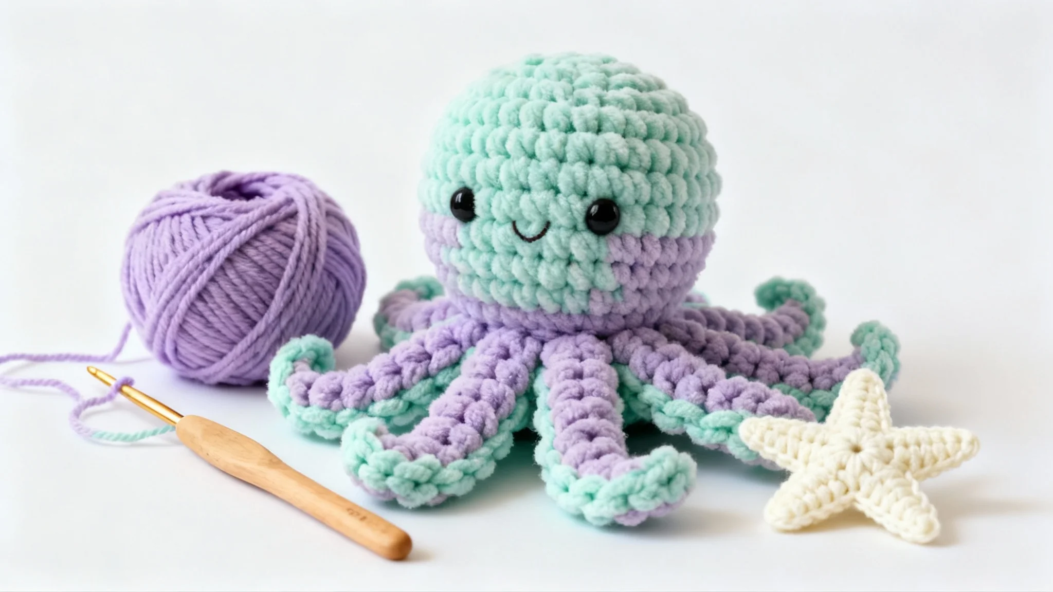 A photorealistic mockup of finished crochet items, featuring a plush pastel octopus, a wooden crochet hook, a ball of yarn, and small starfish, all arranged on a clean white background.