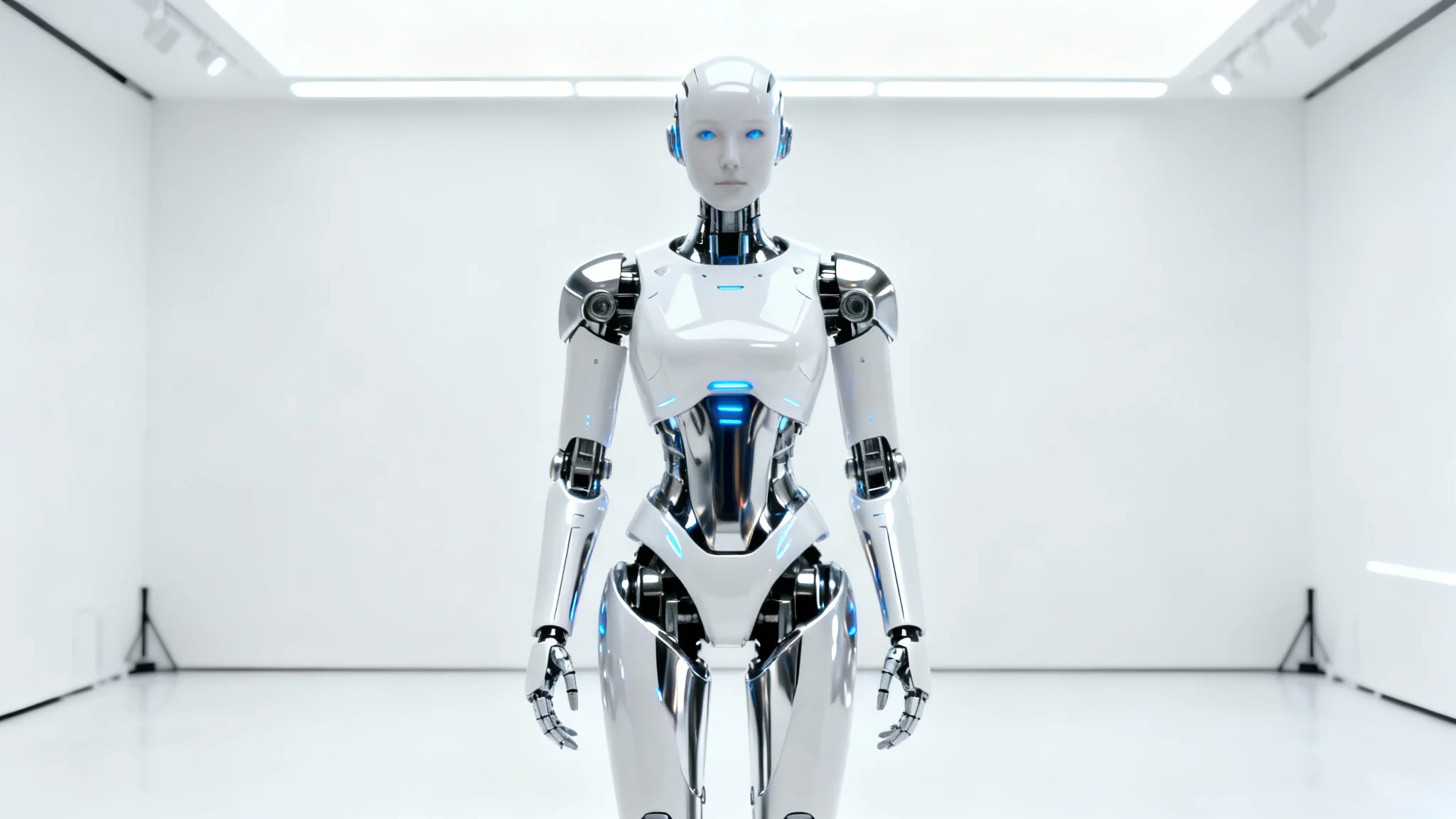 A full-body image of a futuristic humanoid robot standing in a bright, white room. The robot is made of sleek white and silver materials with glowing blue lights.