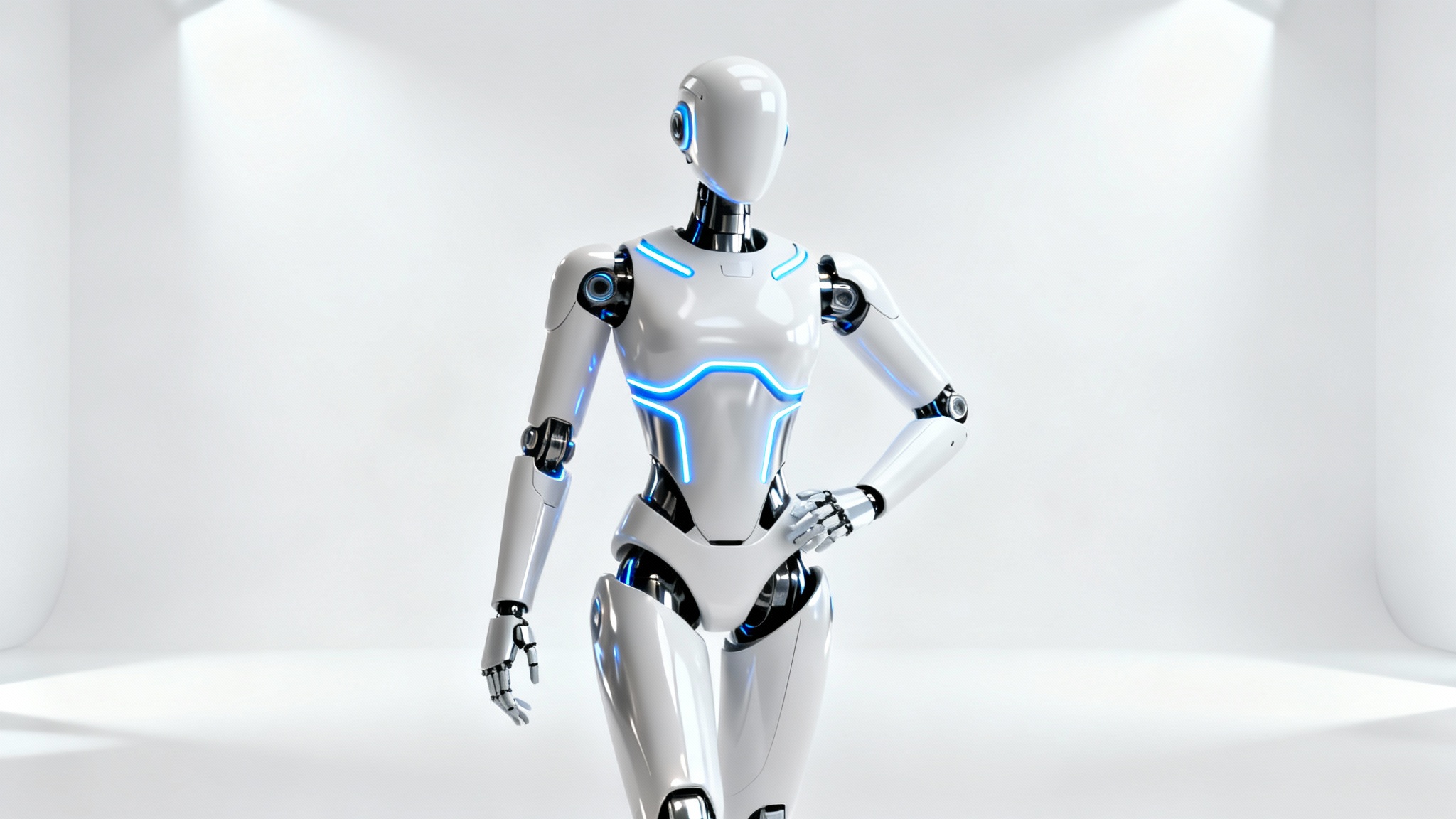 A photorealistic, full-body image of a sleek humanoid robot with a white and silver finish and blue LED accents, posing against a plain white background.