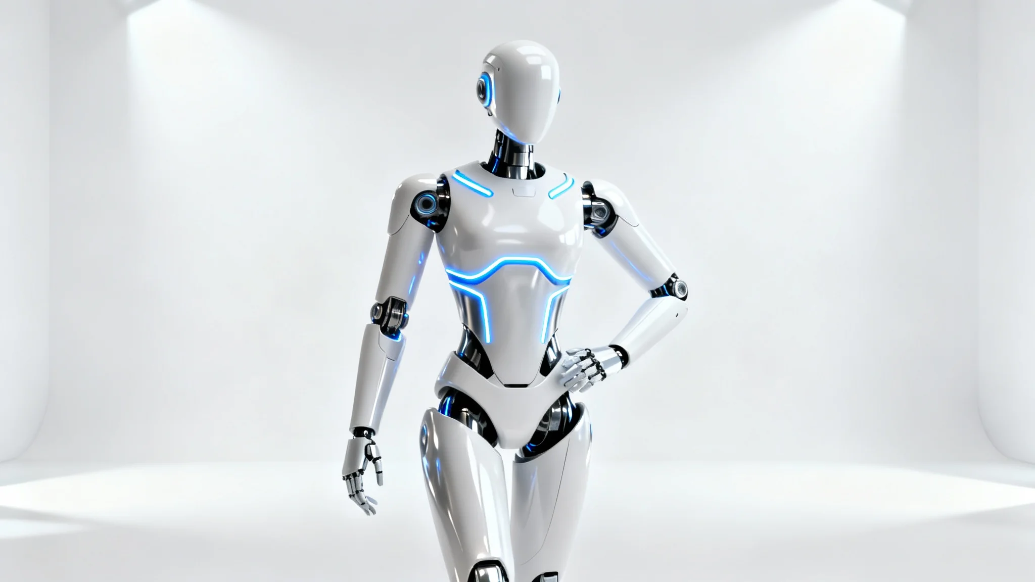 A photorealistic, full-body image of a sleek humanoid robot with a white and silver finish and blue LED accents, posing against a plain white background.