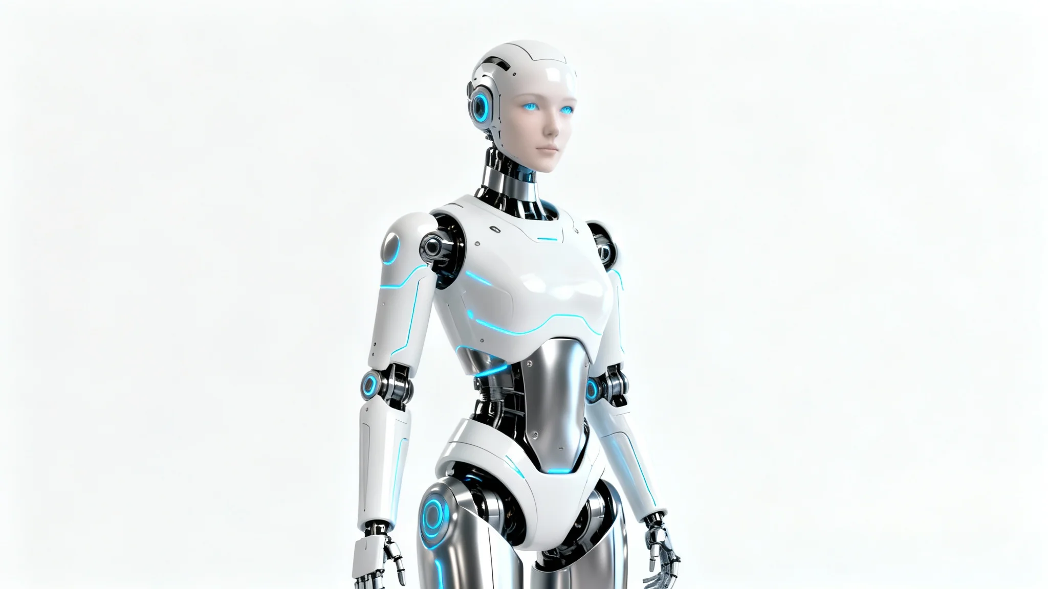 A photorealistic mockup of a sleek, advanced humanoid robot with white and silver plating and blue light accents, standing against a plain white background.