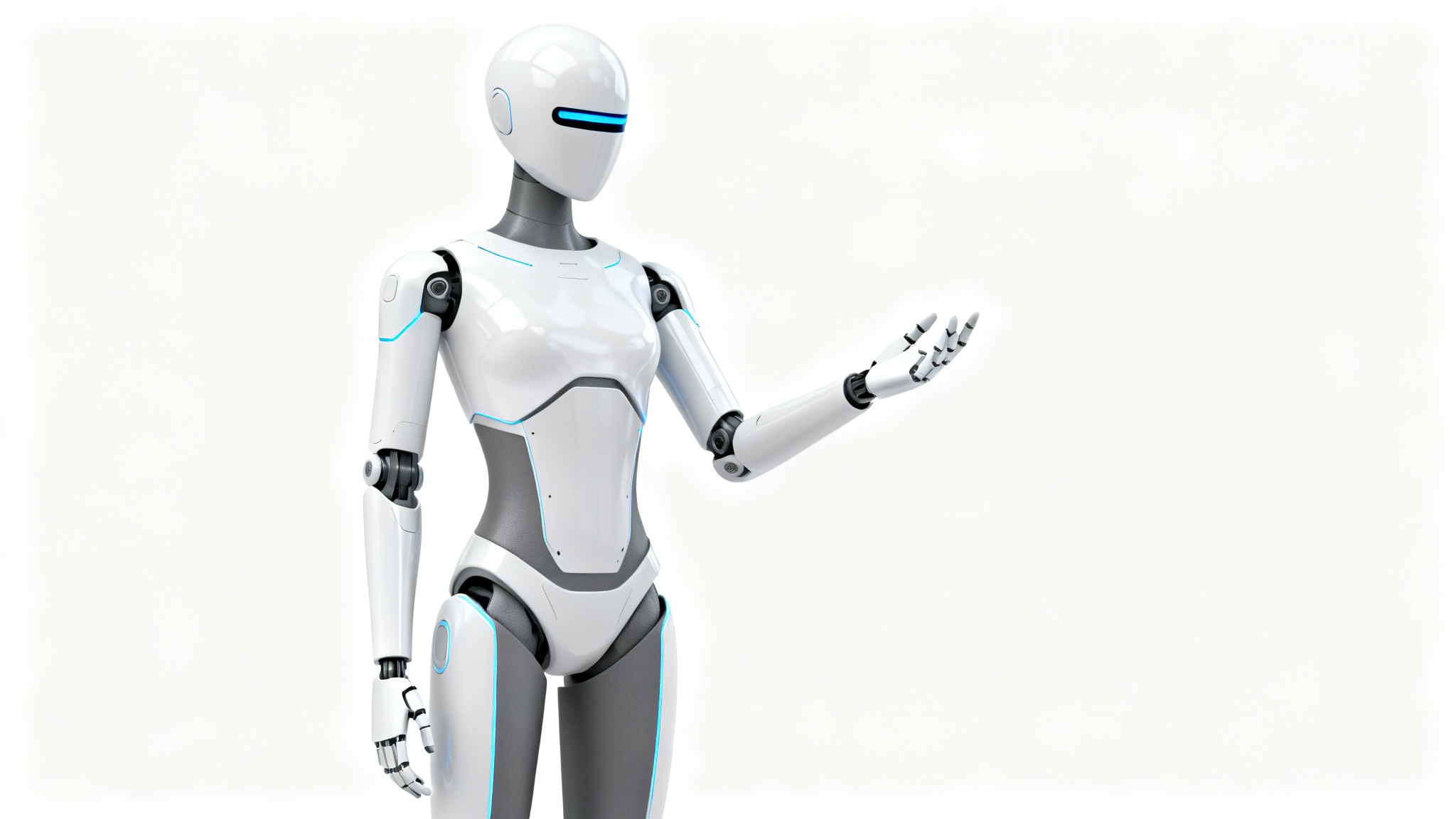 A futuristic humanoid robot with a sleek white and grey body, glowing with blue lights, standing on a plain white background.