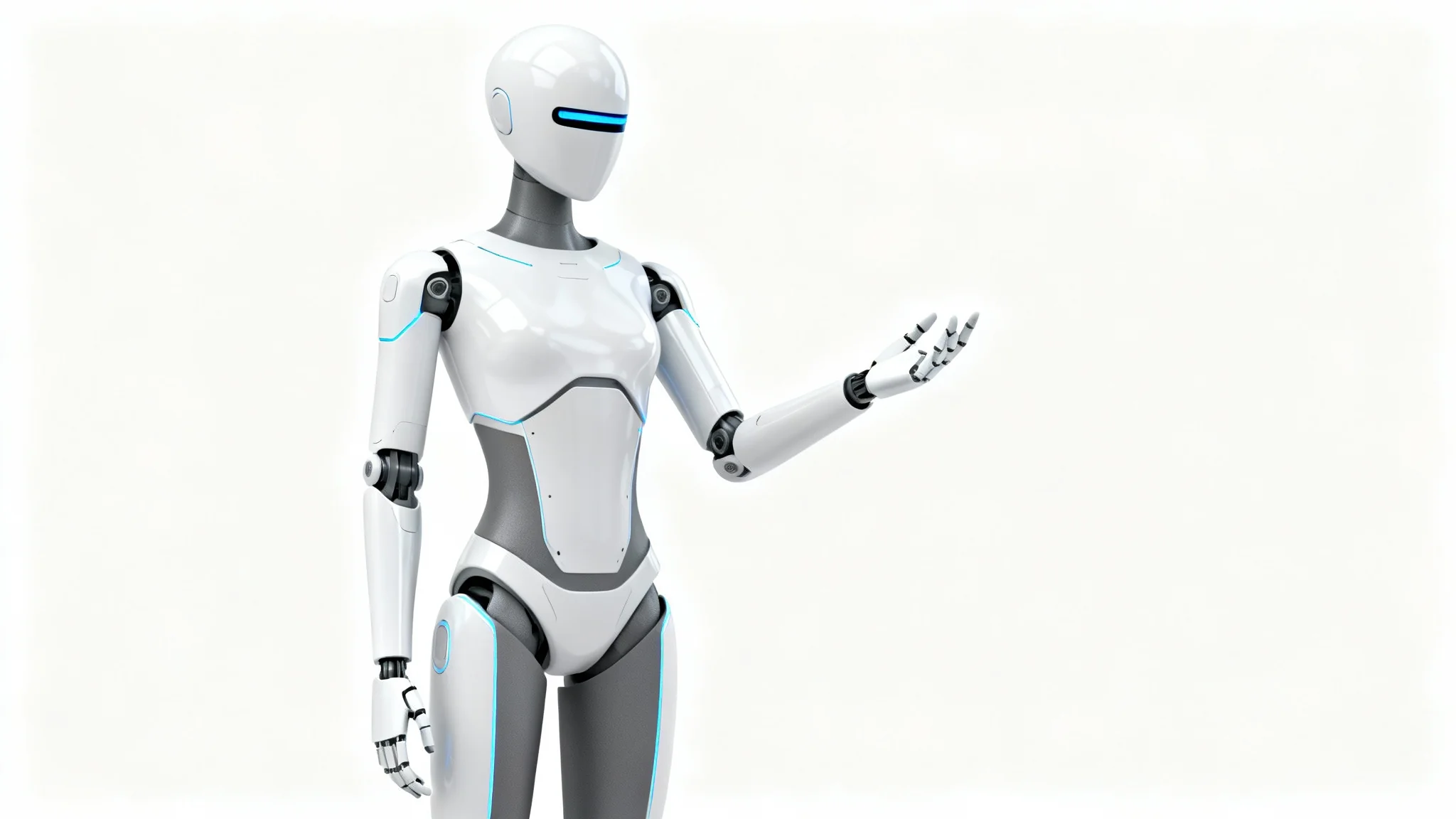 A futuristic humanoid robot with a sleek white and grey body, glowing with blue lights, standing on a plain white background.