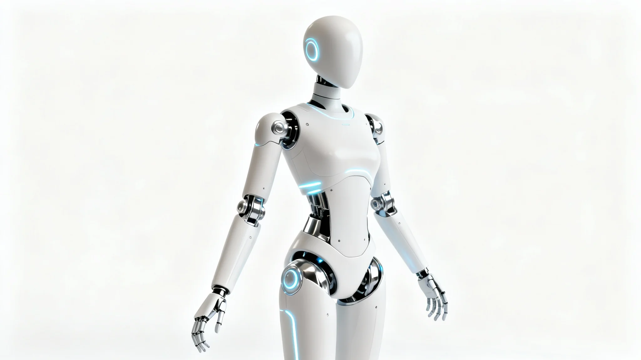 A photorealistic mockup of a sleek, white and chrome humanoid robot with glowing blue accents, standing in a bright studio with a pure white background.