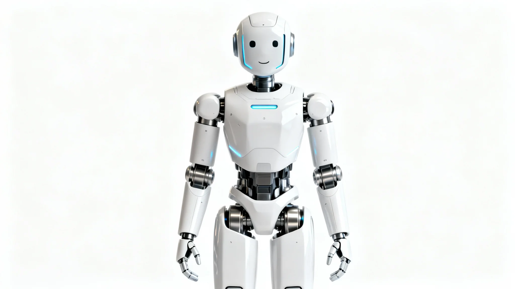 A photorealistic image of a sleek, modern humanoid robot with a white and brushed aluminum finish, standing against a bright white background.