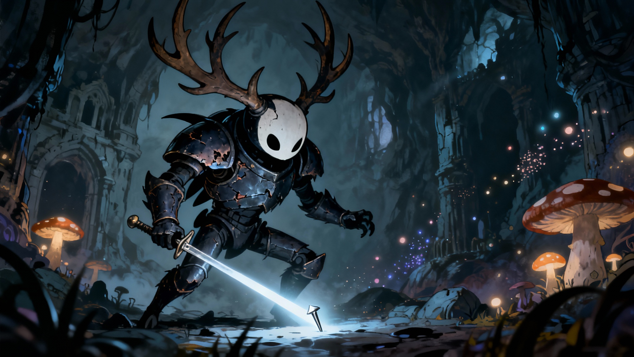 An original character designed in the art style of the video game Hollow Knight. The stag beetle-like knight stands in a dark cave, holding a glowing sword, ready for battle.