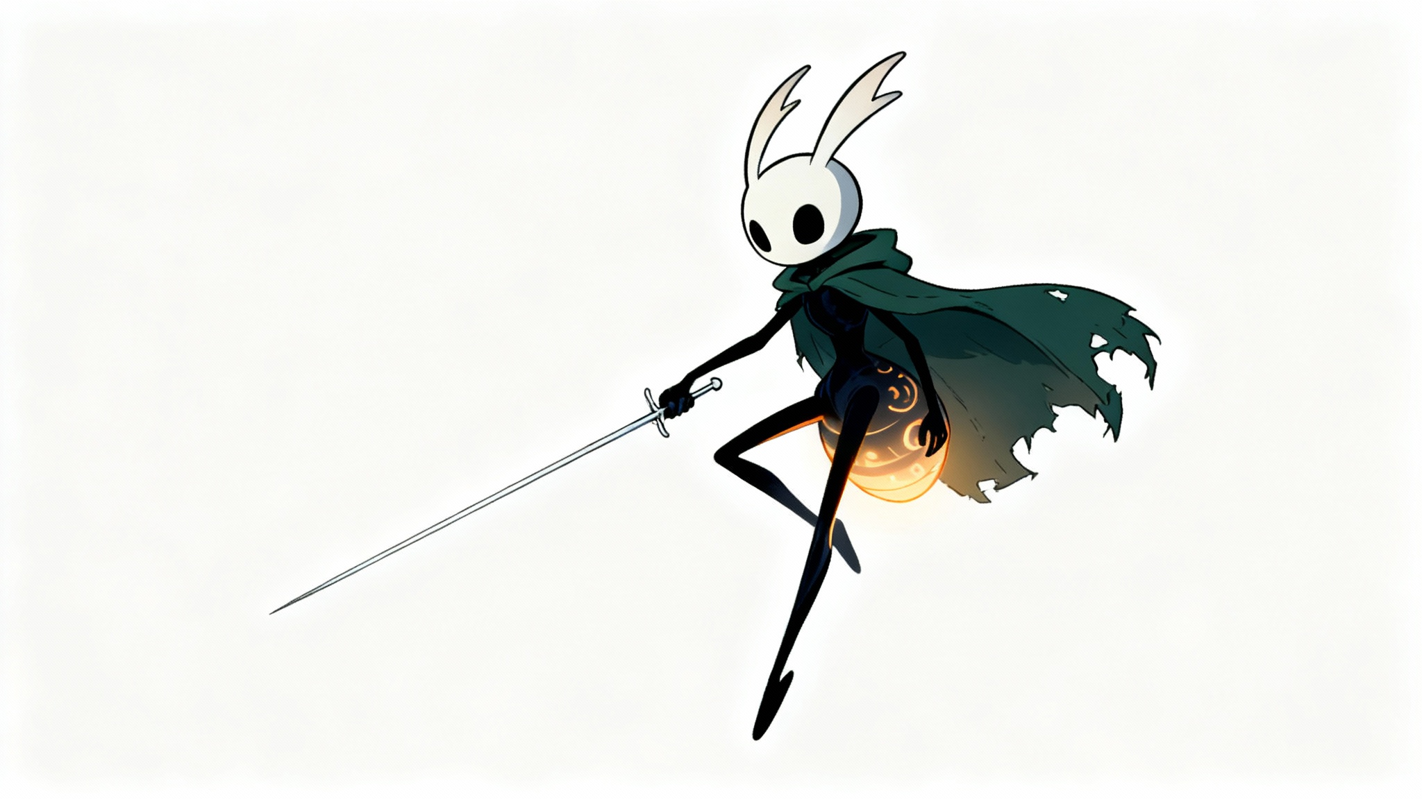 A digital illustration of an original character in the Hollow Knight art style. The character, a firefly-like insect knight, holds a thin sword and has glowing parts, set against a plain white background.