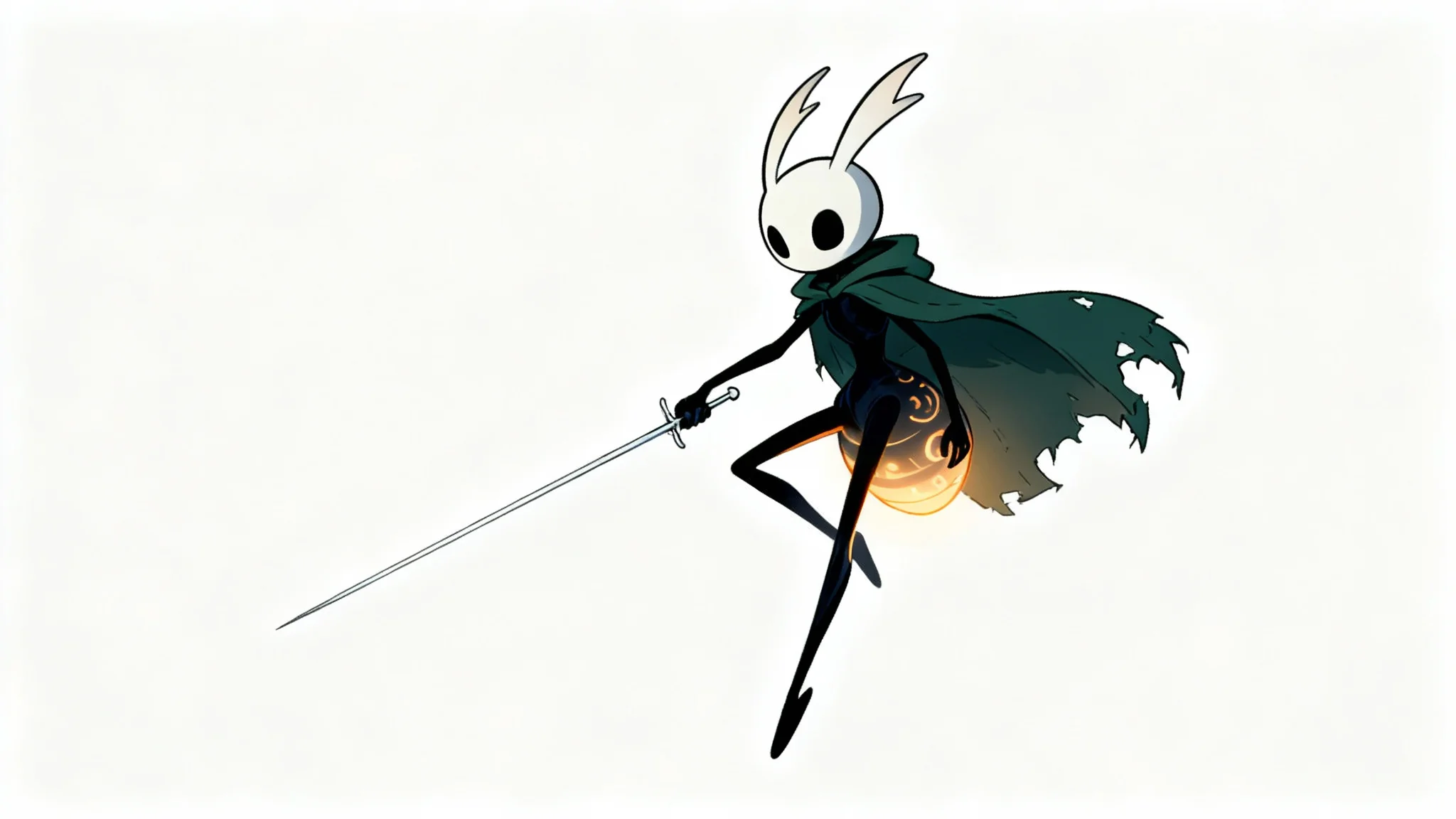 A digital illustration of an original character in the Hollow Knight art style. The character, a firefly-like insect knight, holds a thin sword and has glowing parts, set against a plain white background.