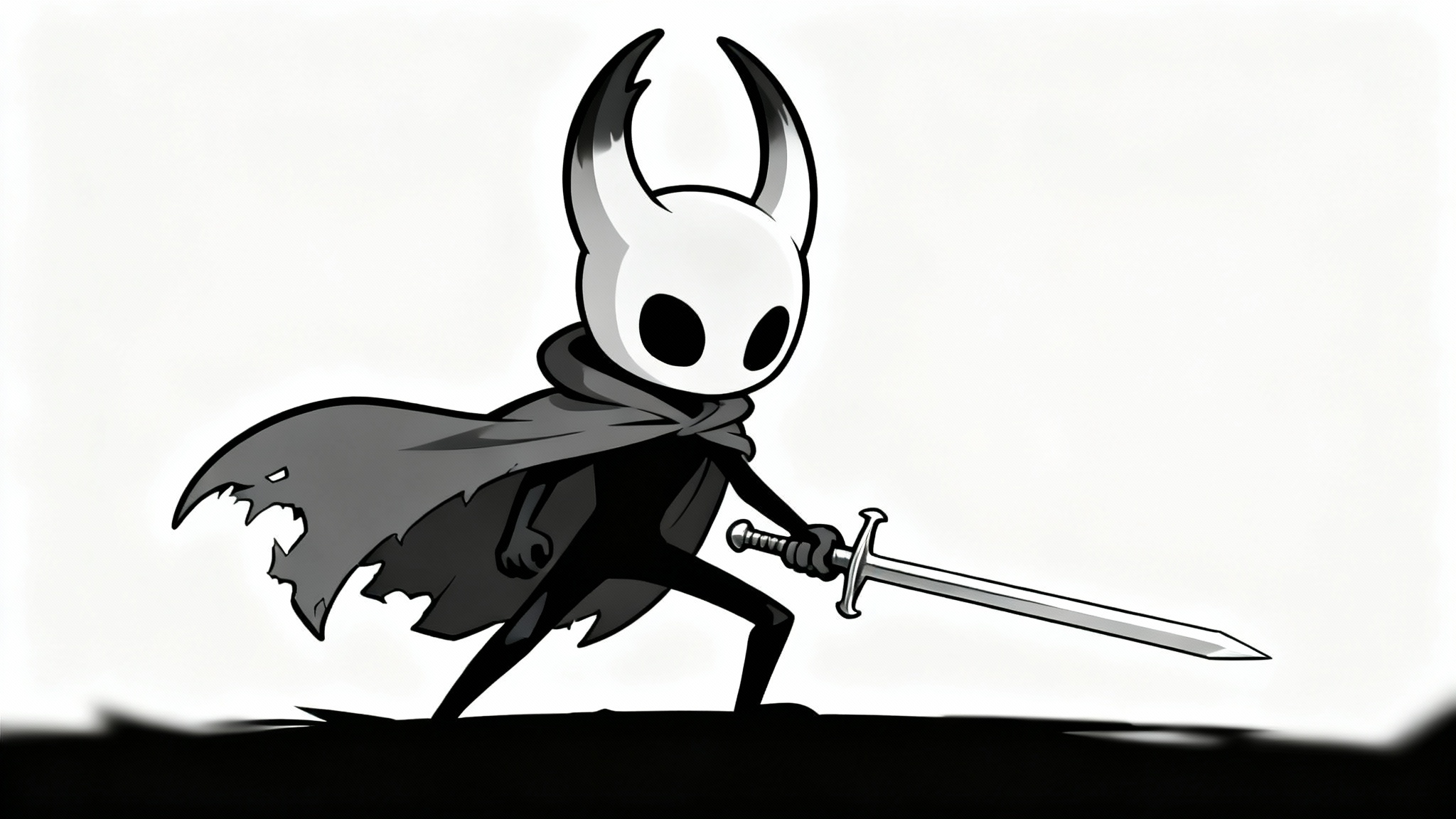 An original character designed in the distinct art style of Hollow Knight, featuring a stag beetle-like knight with a white mask and dark horns, holding a nail-sword against a plain white background.