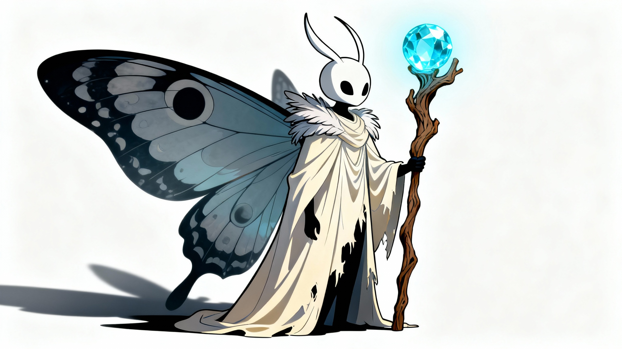 A 2D digital illustration of a custom Hollow Knight original character, a 'Moth Prophet'. The insect-like creature has a white mask, feathered antennae, a white silk cloak, and large moth wings, holding a staff with a glowing orb, all set against a plain white background.