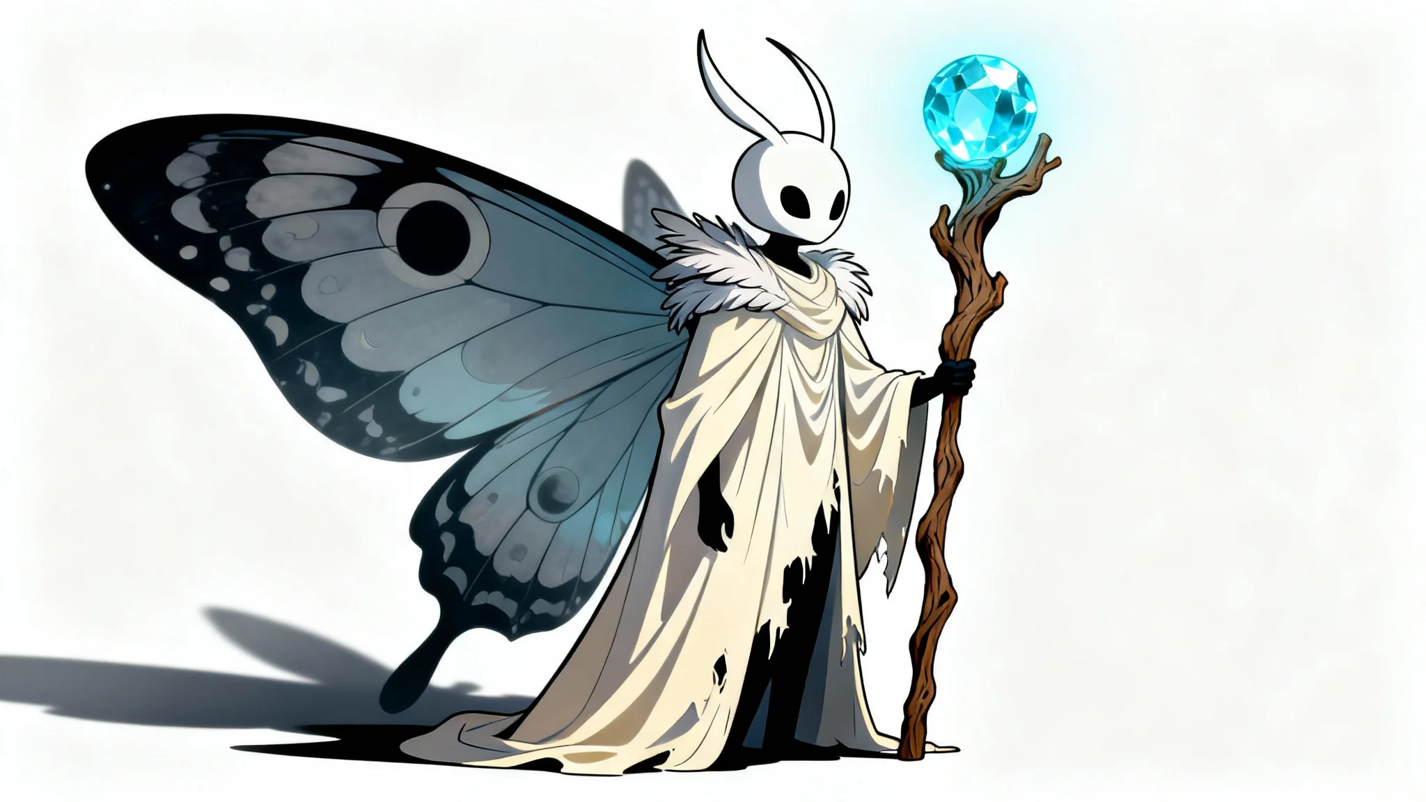 A 2D digital illustration of a custom Hollow Knight original character, a 'Moth Prophet'. The insect-like creature has a white mask, feathered antennae, a white silk cloak, and large moth wings, holding a staff with a glowing orb, all set against a plain white background.